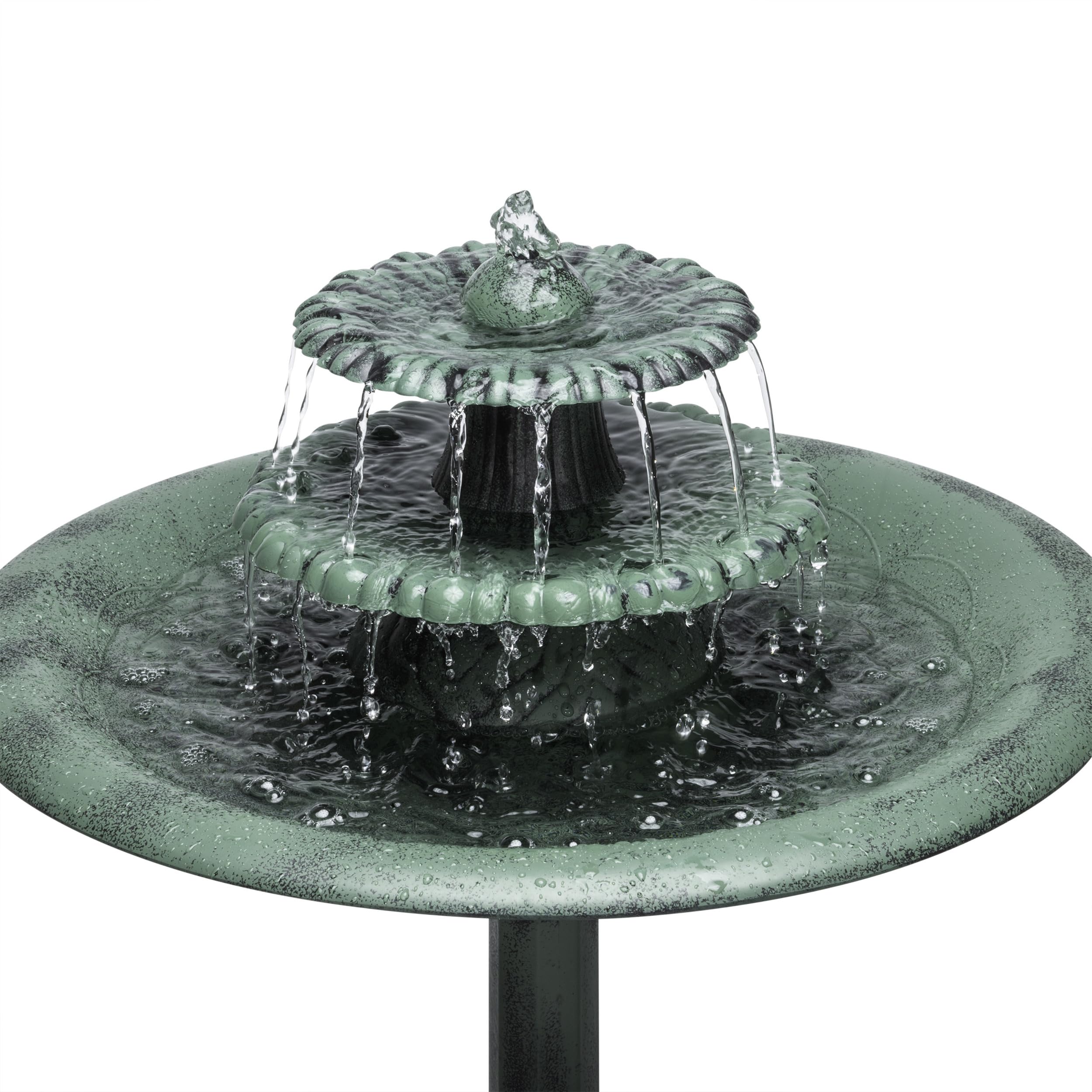 Alpine Corporation - TEC106 Outdoor Floor 3-Tiered Pedestal Water Fountain and Birdbath, Pedestal Waterfall Fountain, 35", Green - Relaxing Water Feature for Garden, Patio, Deck, or Yard