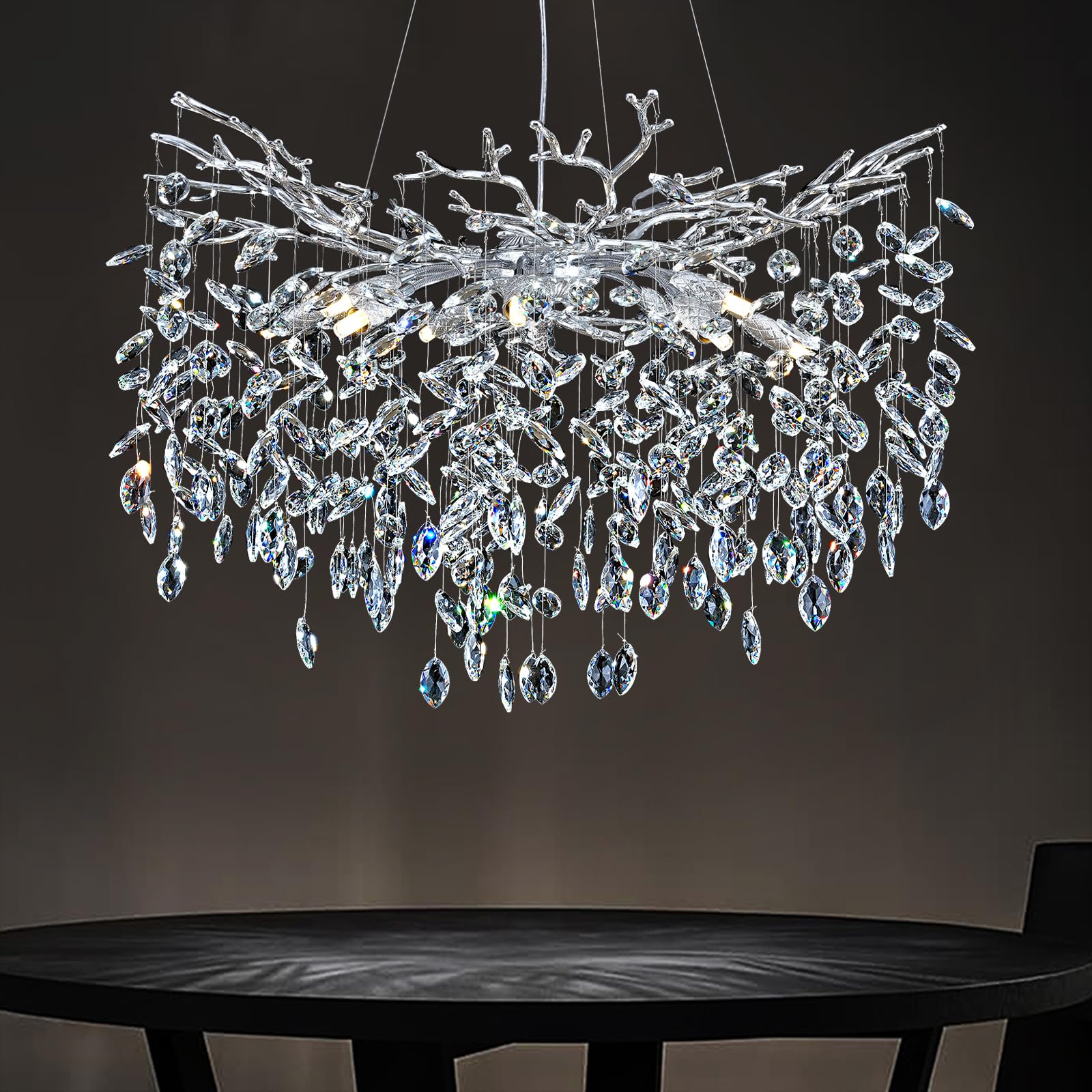 kvtinmty Modern Crystal Chandelier, 30" Chandeliers for Dining Room,Silver Tree Branches Chandelier Lighting, Round Dining Room Chandelier Over Table,Branches and Crystals Ceiling Light Fixture