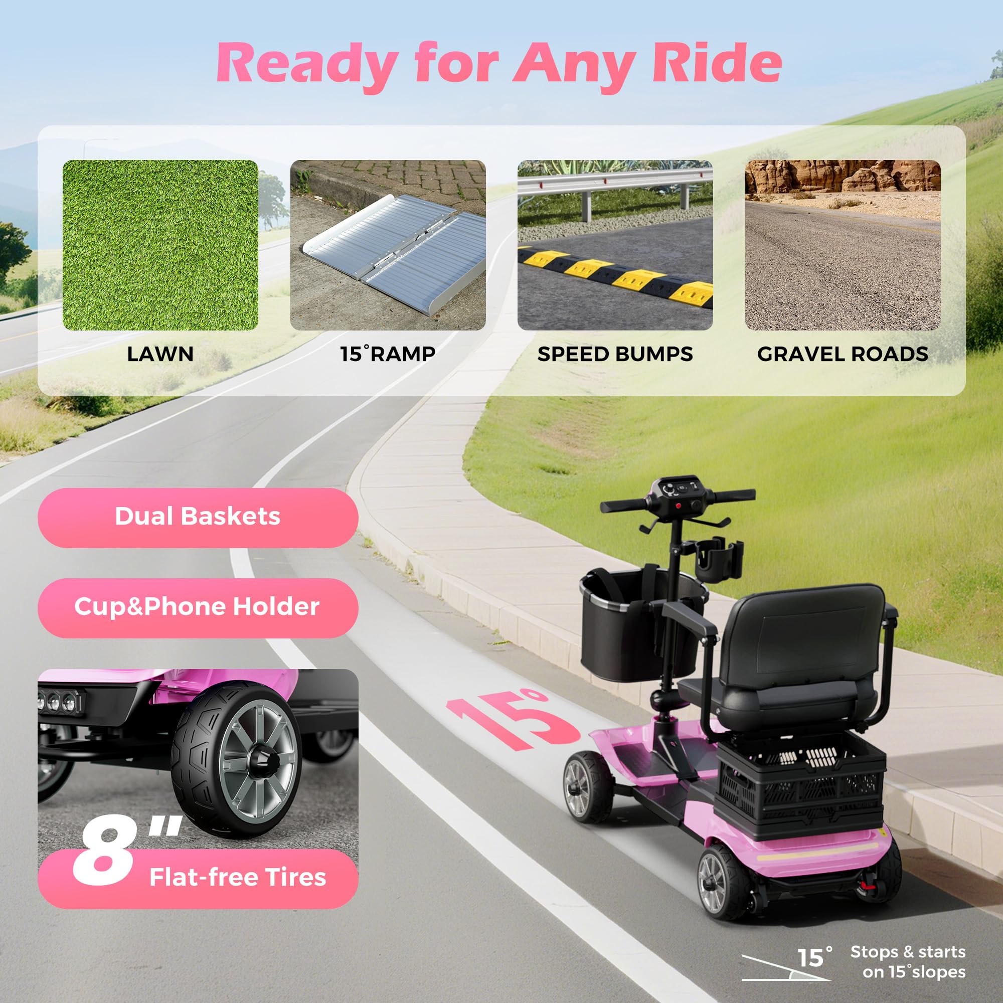4-Wheel Mobility Scooter for Adults – Foldable Portable Motorized Scooters with 330lbs Capacity, Detachable Battery, Dual Baskets, Cup & Phone Holder, Pink