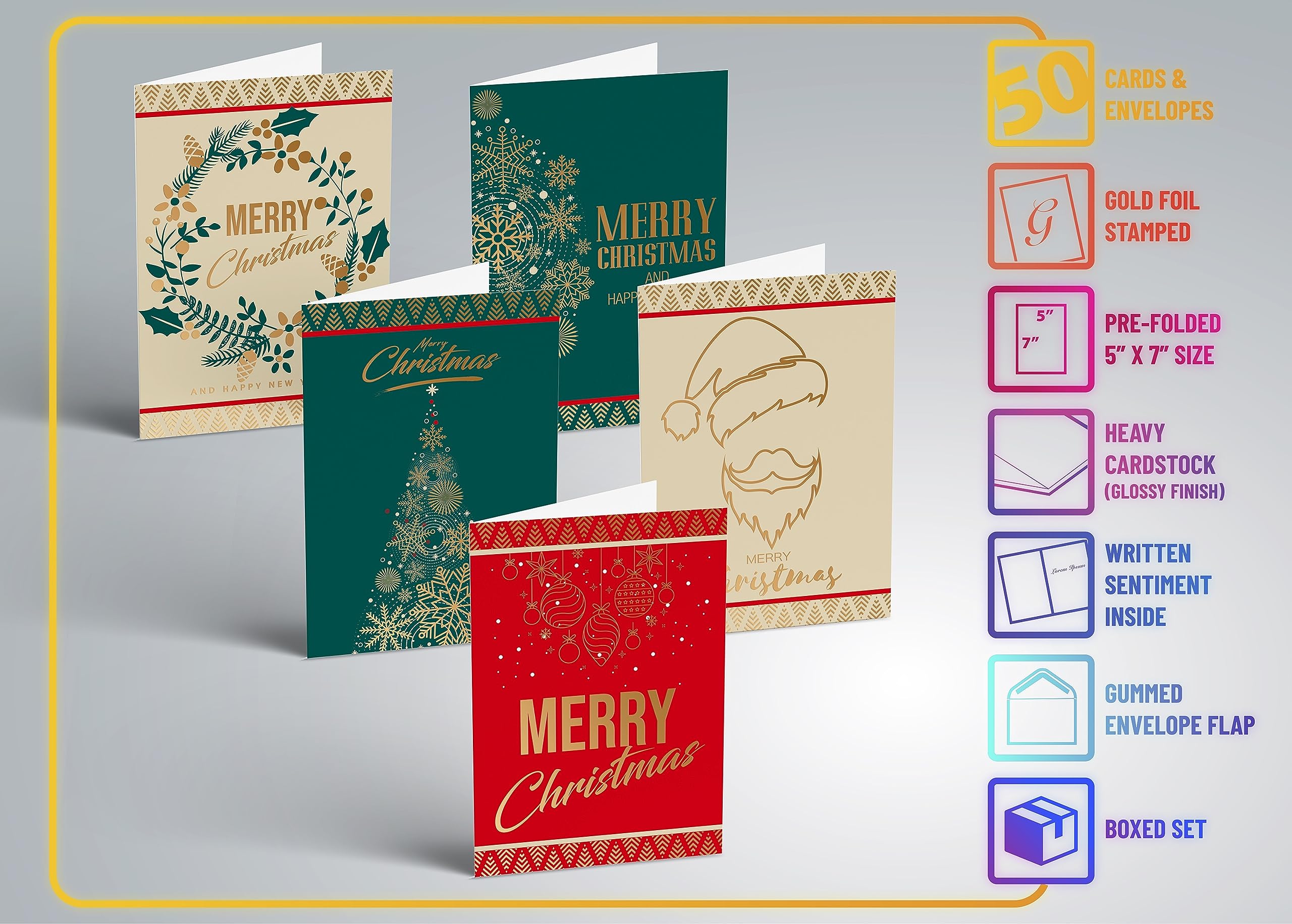 Better Office Products 50 Pack Christmas Cards with Gold Foil Iconic Images, 5" x 7", High Gloss, Gold Foil Interior Greeting, with 50 Envelopes, 50 Count Boxed Set