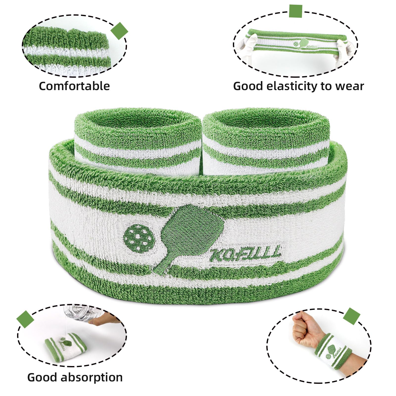 KOFULL Pickleball Accessories, Pickleball Gifts for Women and Men, Cotton Sweat Bands Headband Set for Pickleball, Tennis, Golf, Yoga Sports, Green