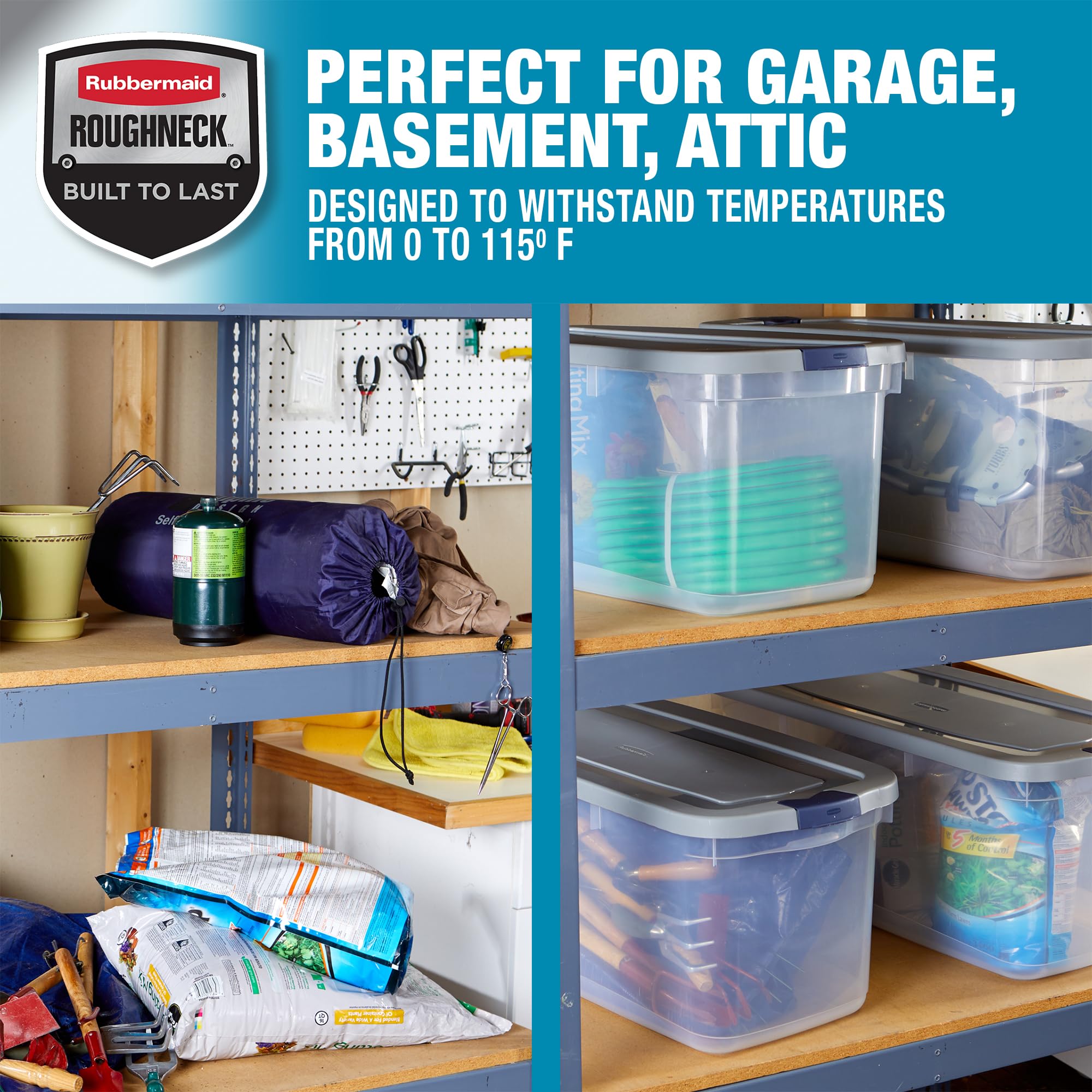 Rubbermaid Roughneck Clear 95 Qt/23.75 Gal Storage Containers, Pack of 4 with Latching Grey Lids, Visible Base, Sturdy and Stackable, Great for Storage and Organization