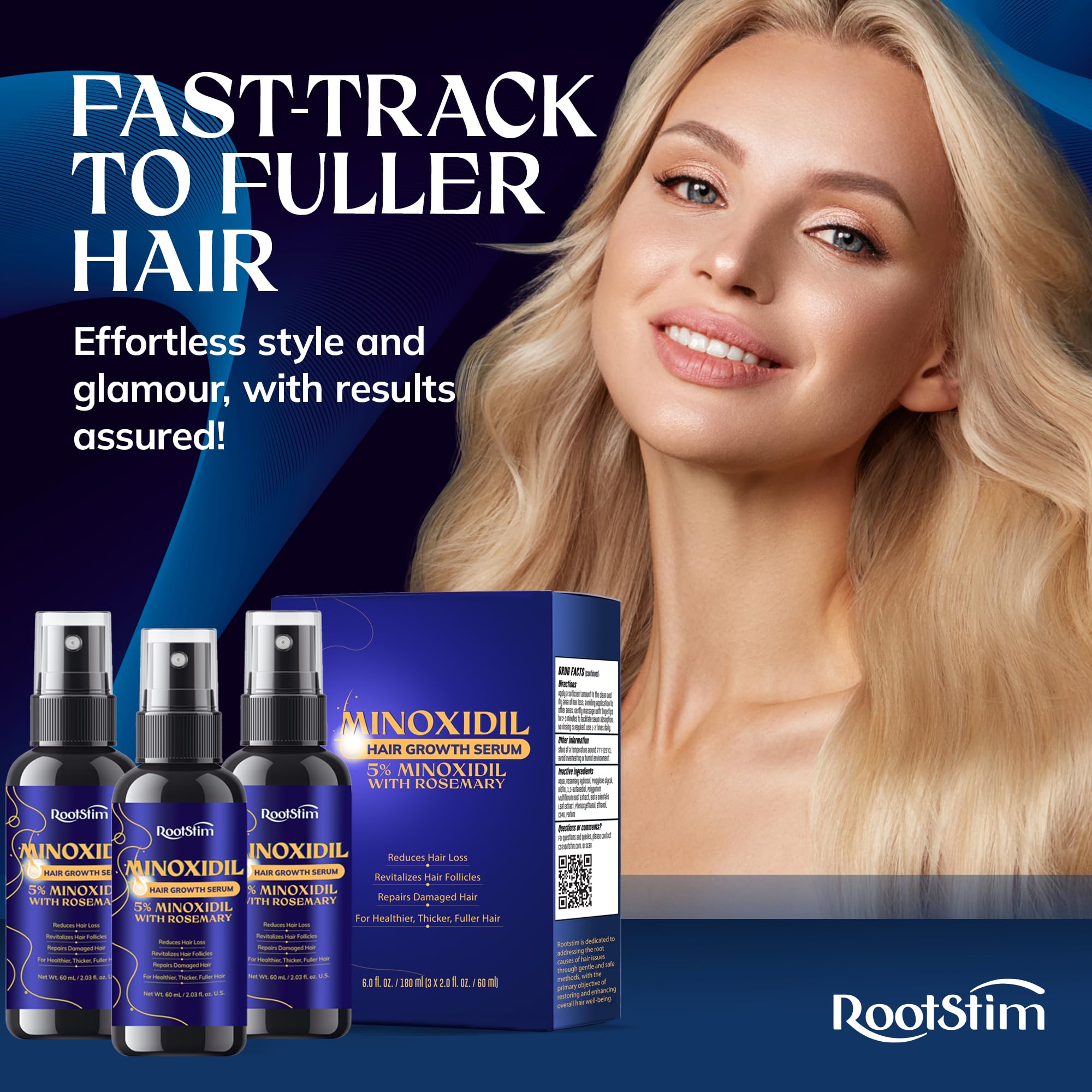 5% Minoxidil Hair Growth for Men and Women: 3-Pack RootStim Extra Strength Minoxidil with Rosemary for Thinning Hair Regrowth and Fuller Hair 180 ML