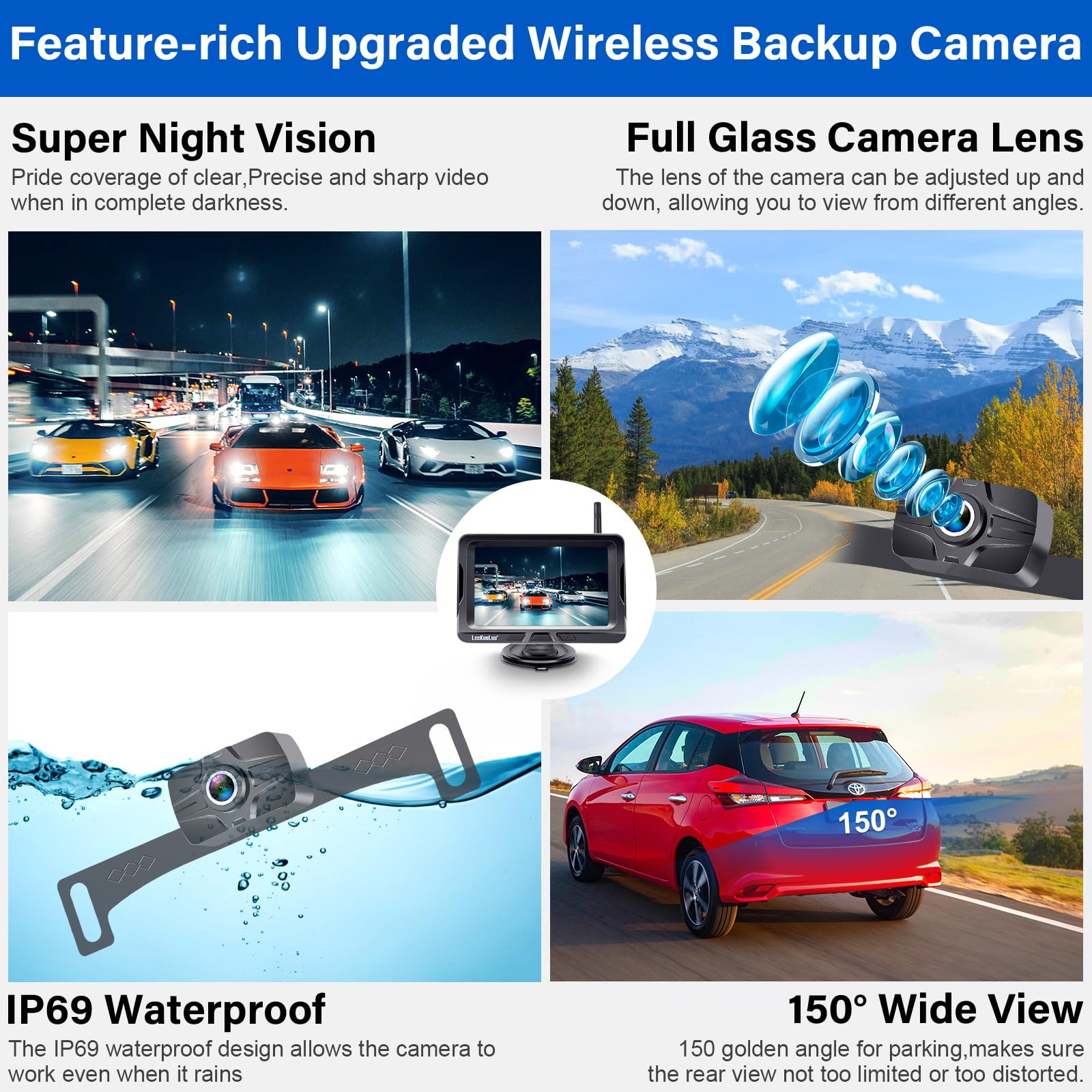 Wireless Backup Camera Ease Install - Color Image HD 1080P 5 Inch Monitor Digital Signal Stable No-Delay Bluetooth Rear View Camera Auto-Switching Night Vision for Truck/Car/Pickup/SUV/Camper -LK2