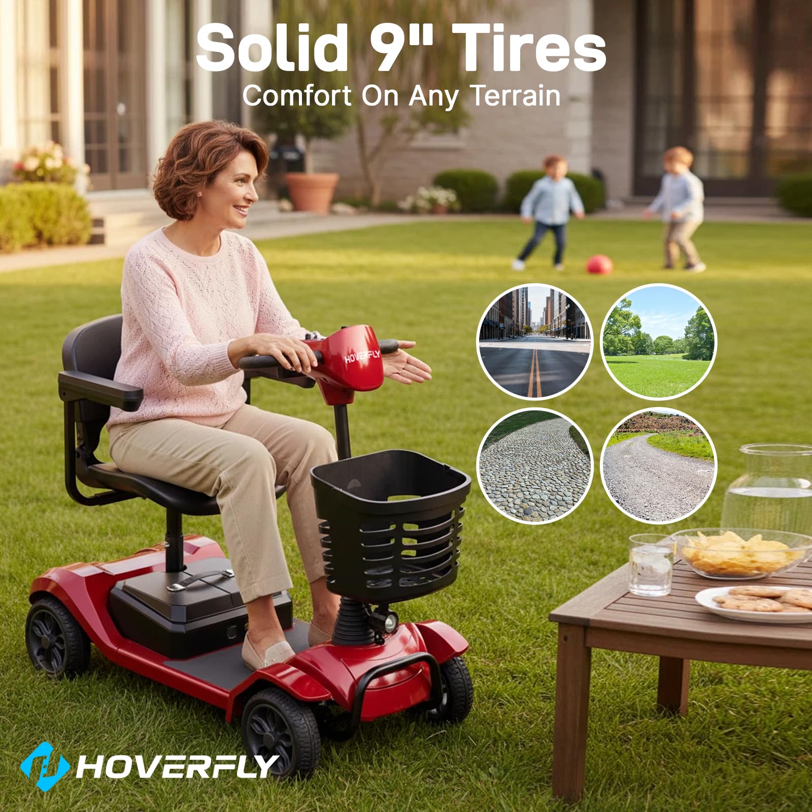 Hoverfly T4 Mobility Scooter for Seniors, Max 12.4-Mile Range & 3.7 mph, 3-Position Seat & Anti-slip Rear Wheel, Removed Battery&Quick Fold Design, Solid 9" Tire &330 lb Capacity, Ease of Assembly Red