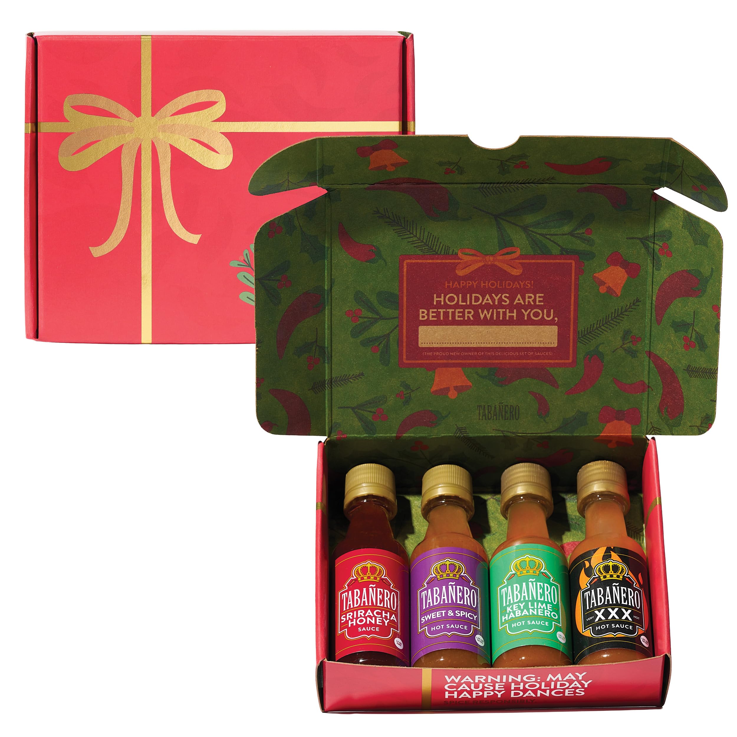 Tabañero Mini Hot Sauce Gift Set, Holiday Gift Box with Sriracha Honey, Sweet and Spicy, Key Lime and XXX Flavors, 4-Pack, 1.7oz Hot Sauce Bottles, All Natural, Gluten Free, Low Sodium, Kosher, Made in the USA, Easter Gifts for Men