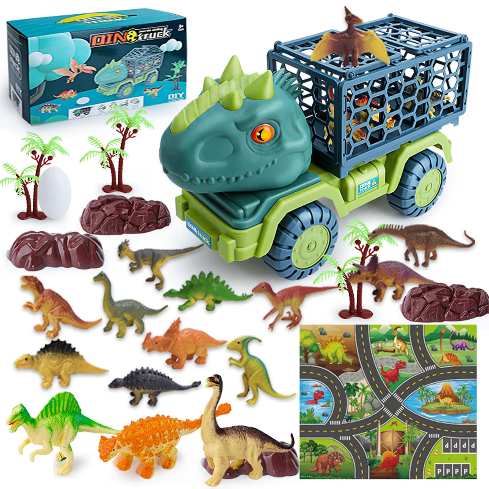 Hummigoo Dinosaur Truck Toys for Kids 3-5, Tyrannosaurus Transport Car Truck with 15 Dino Figures, Play Mat & Trees, Eggs, Dinosaur Play Set for Boys and Girls 3 4 5 6 7 8 Years Old