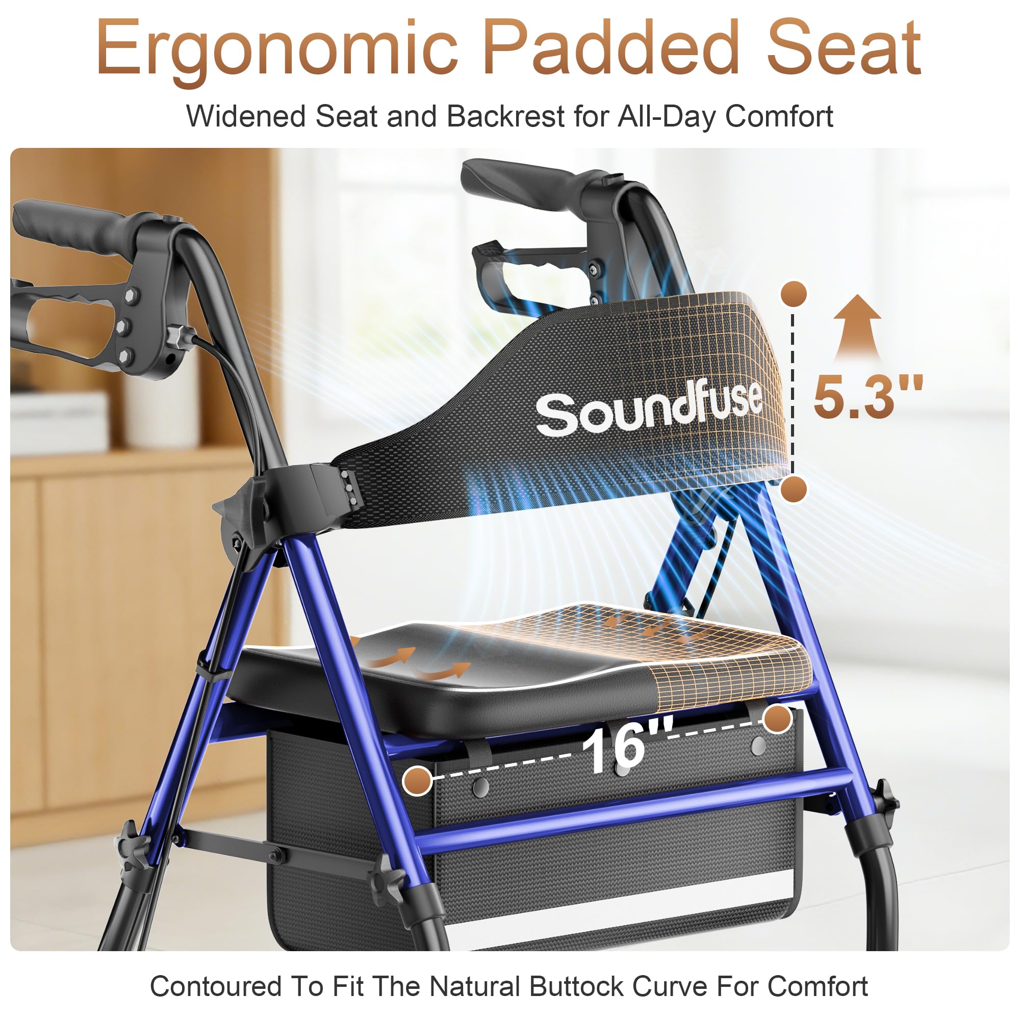 SOUNDFUSE Walkers for Seniors with seat, Foldable Rollator Walker with Double Support Bar, 16" Extra Wide Ergonomic Arc Seat, 8" All Terrain Wheels, 350lb, Dual Height Adjustable, and Storage Bag
