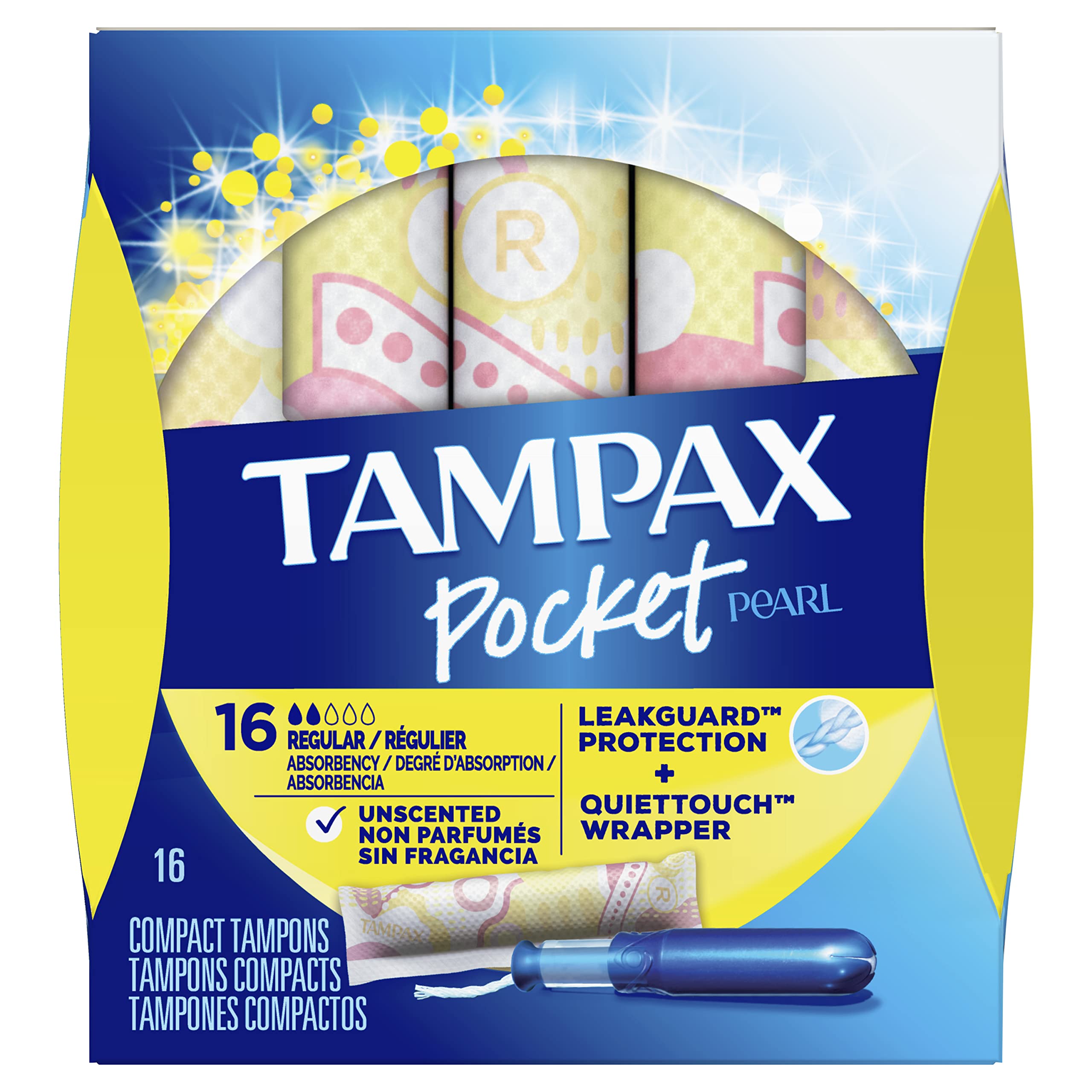 Tampax Pocket Pearl Tampons Regular Absorbency with LeakGuard Braid, Unscented, 16 Count