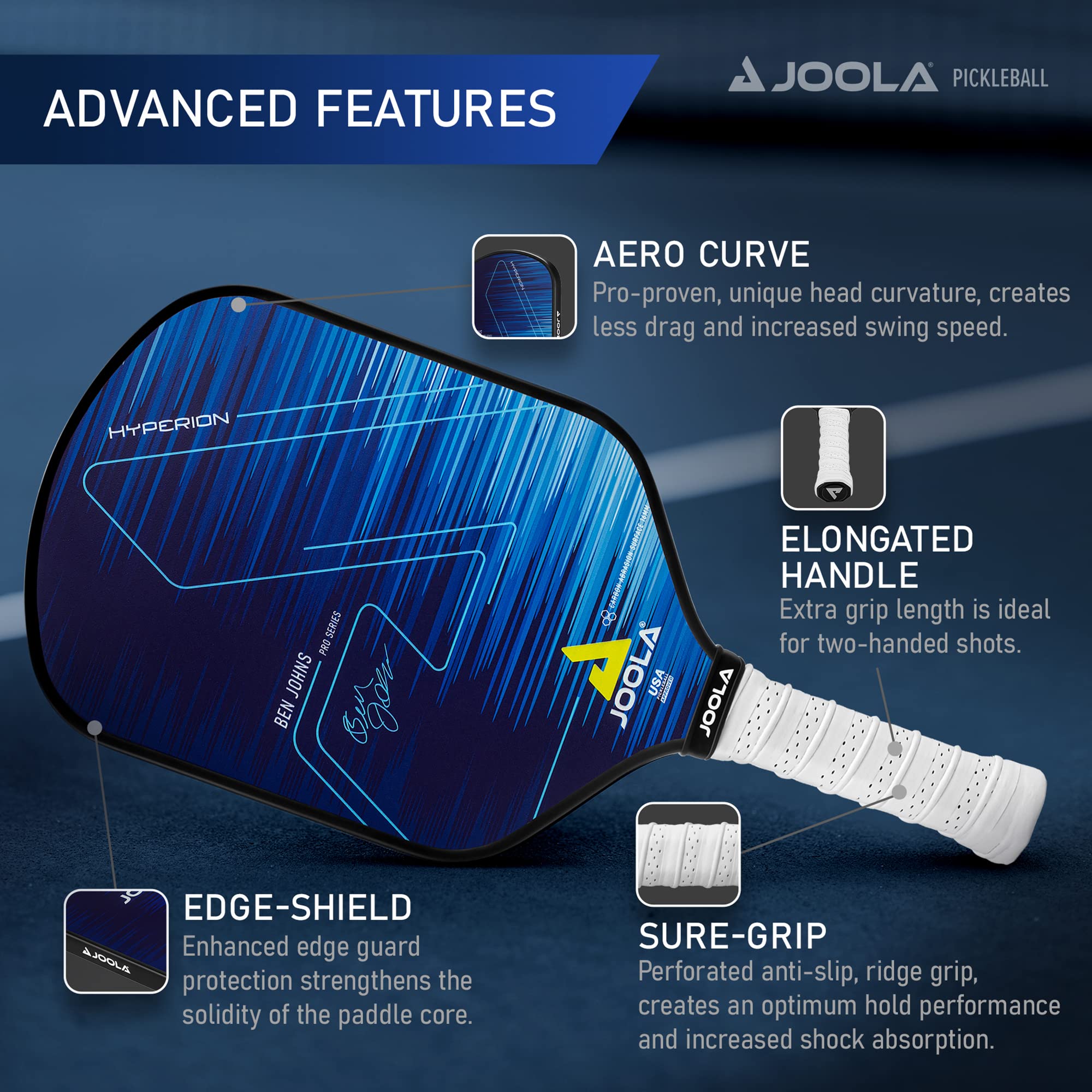 JOOLA Ben Johns Hyperion CAS 16 Pickleball Paddle - Carbon Abrasion Surface with High Grit & Spin, Sure-Grip Elongated Handle, 16mm, with Polypropylene Honeycomb Core, USAPA Approved