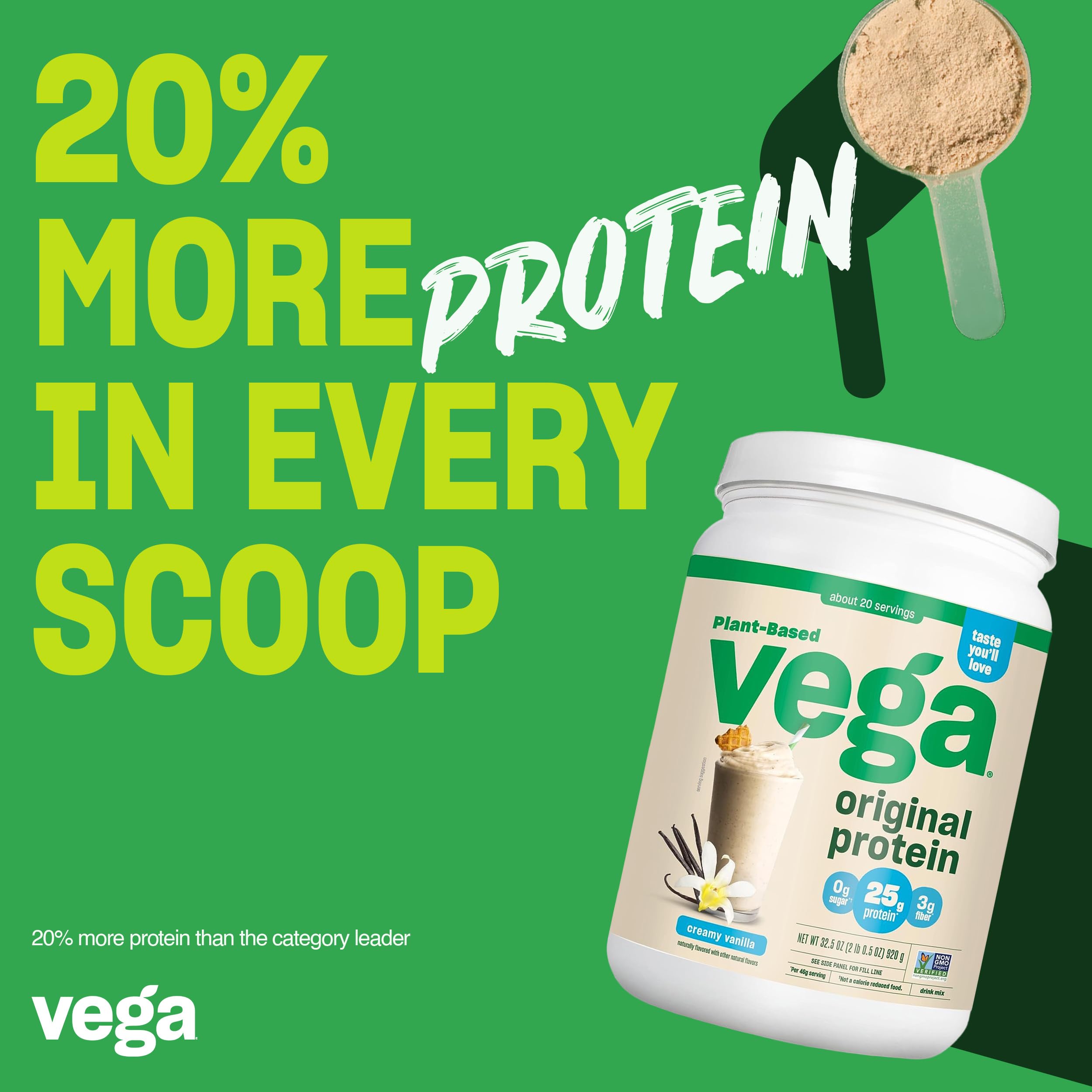 Vega Original Protein Powder, Creamy Vanilla Plant Based Protein Drink Mix for Water, Milk and Smoothies, 32.5 oz