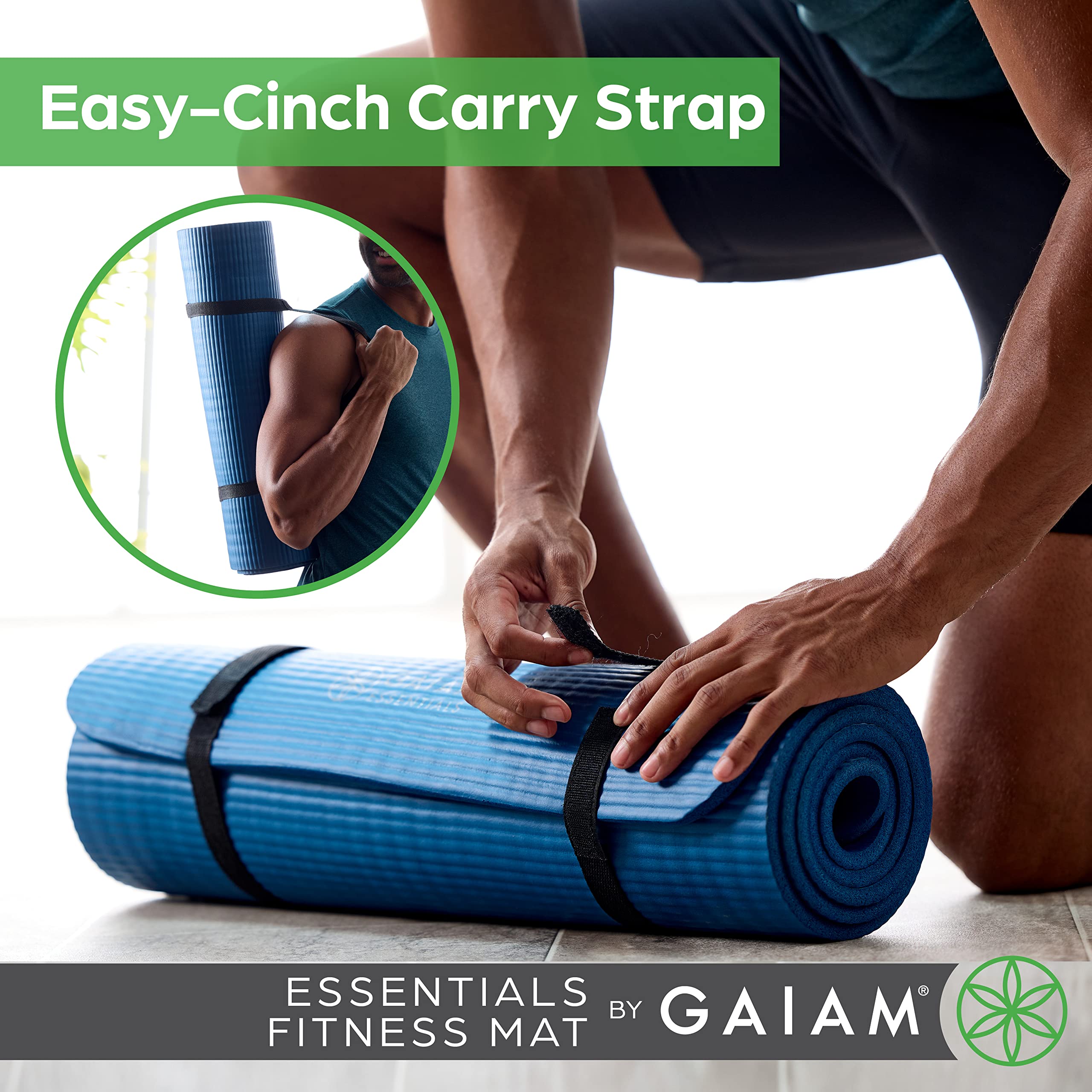 Gaiam Essentials Thick Yoga Mat Fitness & Exercise Mat with Easy-Cinch Carrier Strap, Grey, 72"L X 24"W X 2/5 Inch Thick, 10mm