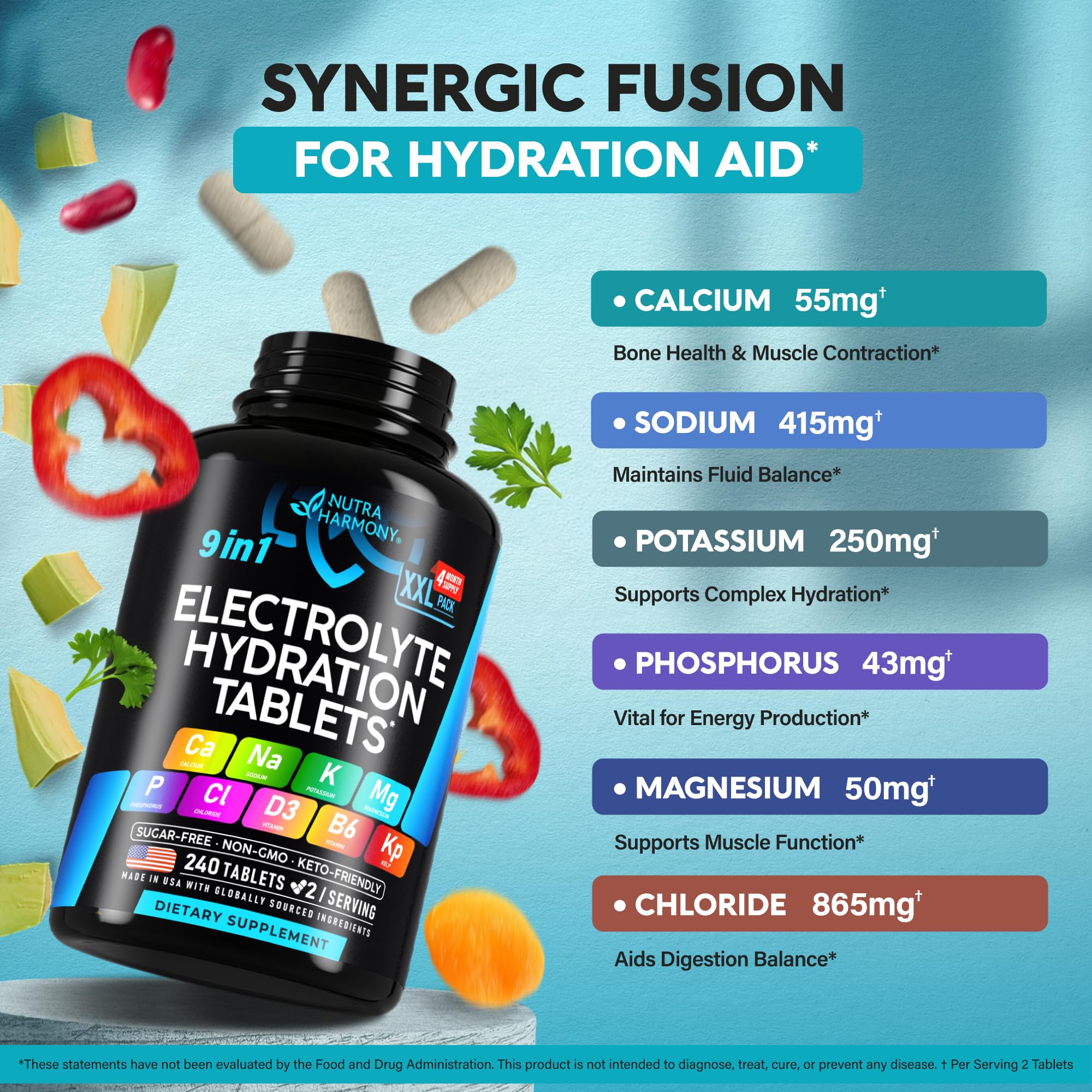 Electrolytes - Electrolyte Tablets with Magnesium, Sodium, Potassium, Chloride, Vitamins D3 & B6, Kelp Powder - Salt Pills - Made in USA - Oral Tablets as Capsules - Vegan & Keto Friendly - 240 Tabs