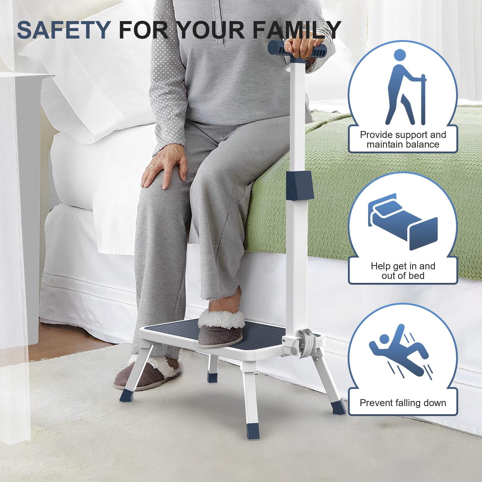 Folding Step Stool, Step Stools with Handle for Elderly Adults, Metal Stepping Stool with Adjustable Handrail in Kitchen, Bathroom, Bedroom, 330 Lbs Capacity