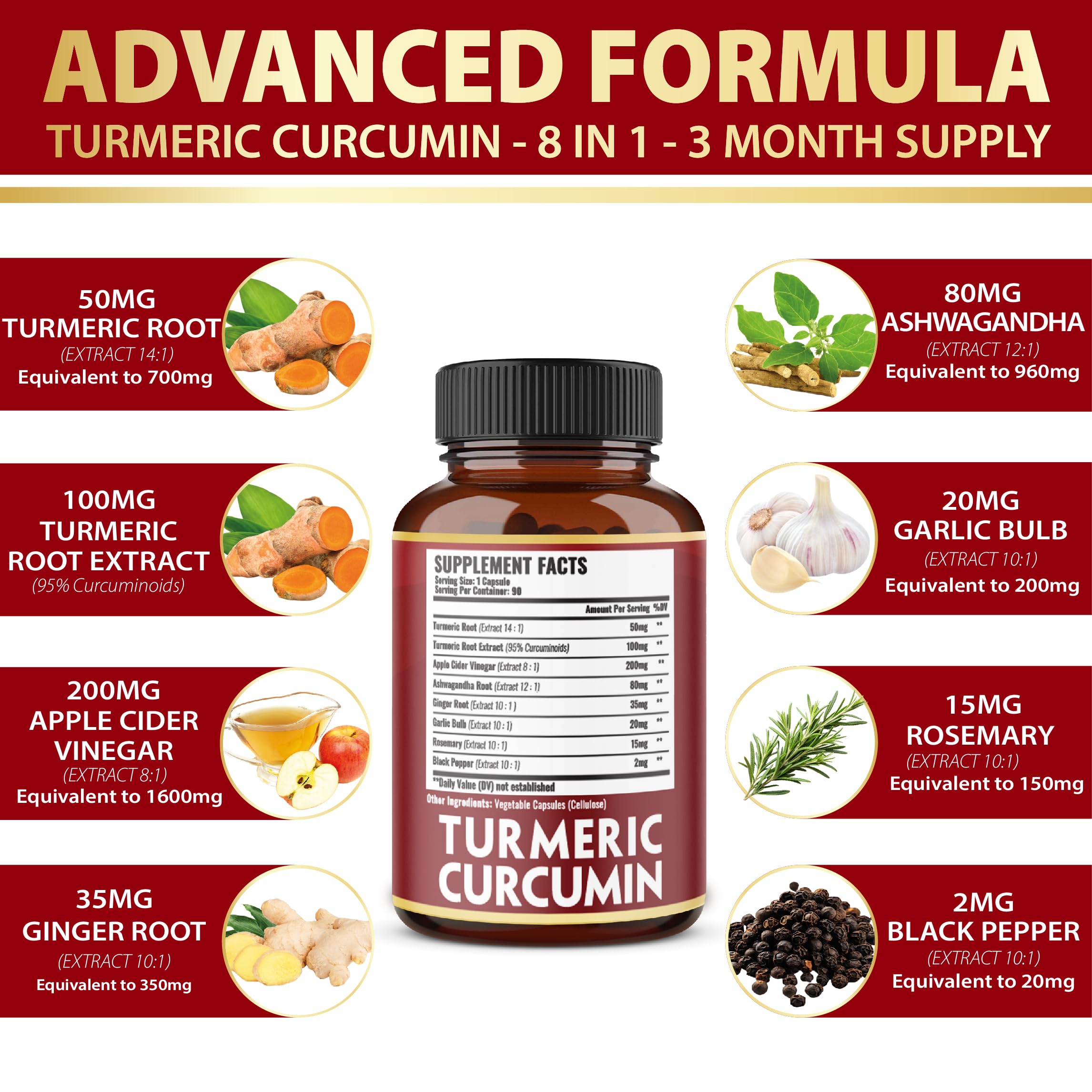 7 in 1 Turmeric Curcumin + Apple Cider Vinegar Capsules, Equivalent to 4080mg, 3 Month Supply with Ashwagandha, Ginger, Garlic Bulb, 95% Standardized Curcuminoids, Joint & Absorption Support