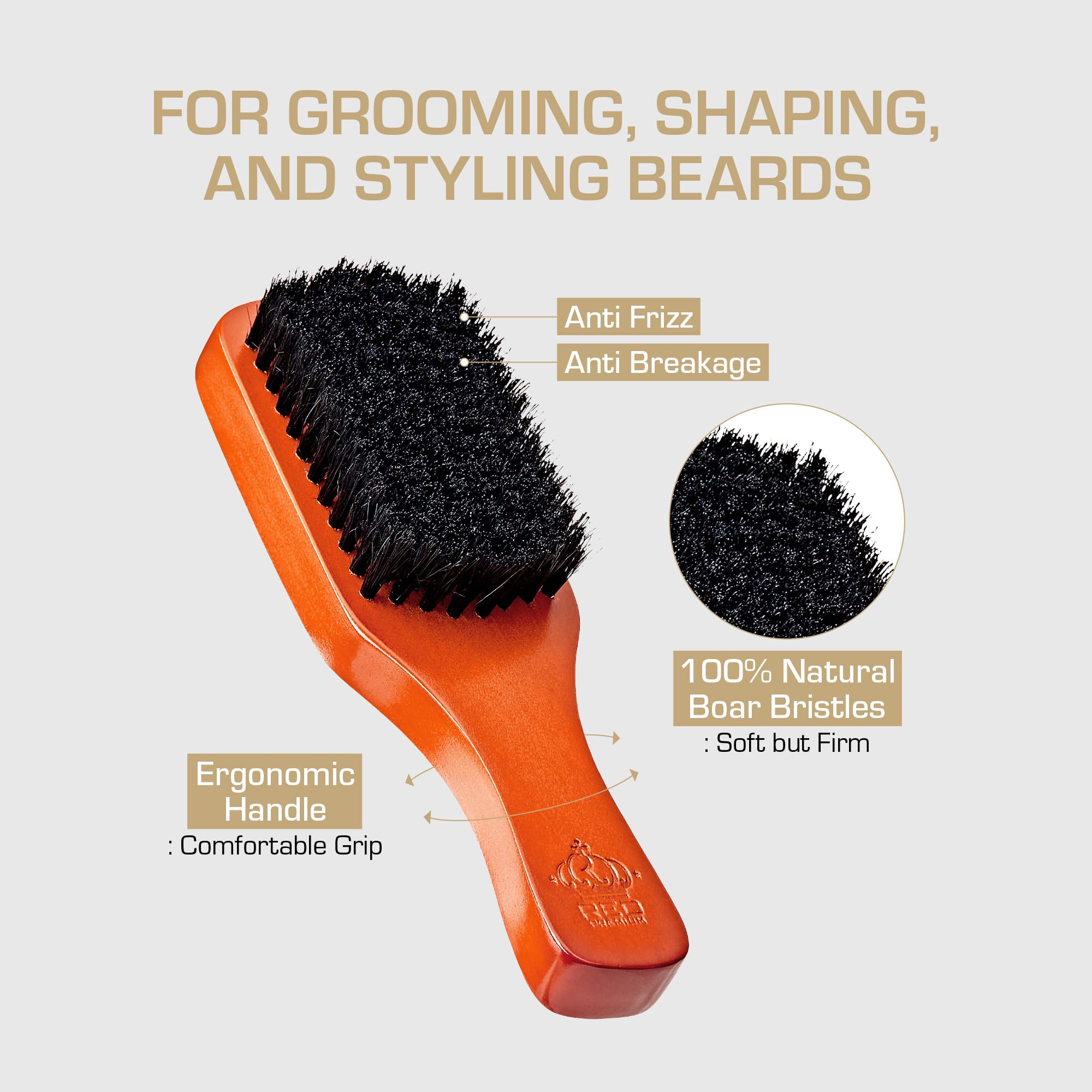 RED by Kiss Beard Brush with 100% Natural Boar Bristles for Men, Premium Wooden Brush, Beards Mustaches Grooming Shaving Comb, Tame and Soften Facial Hair (CLUB)