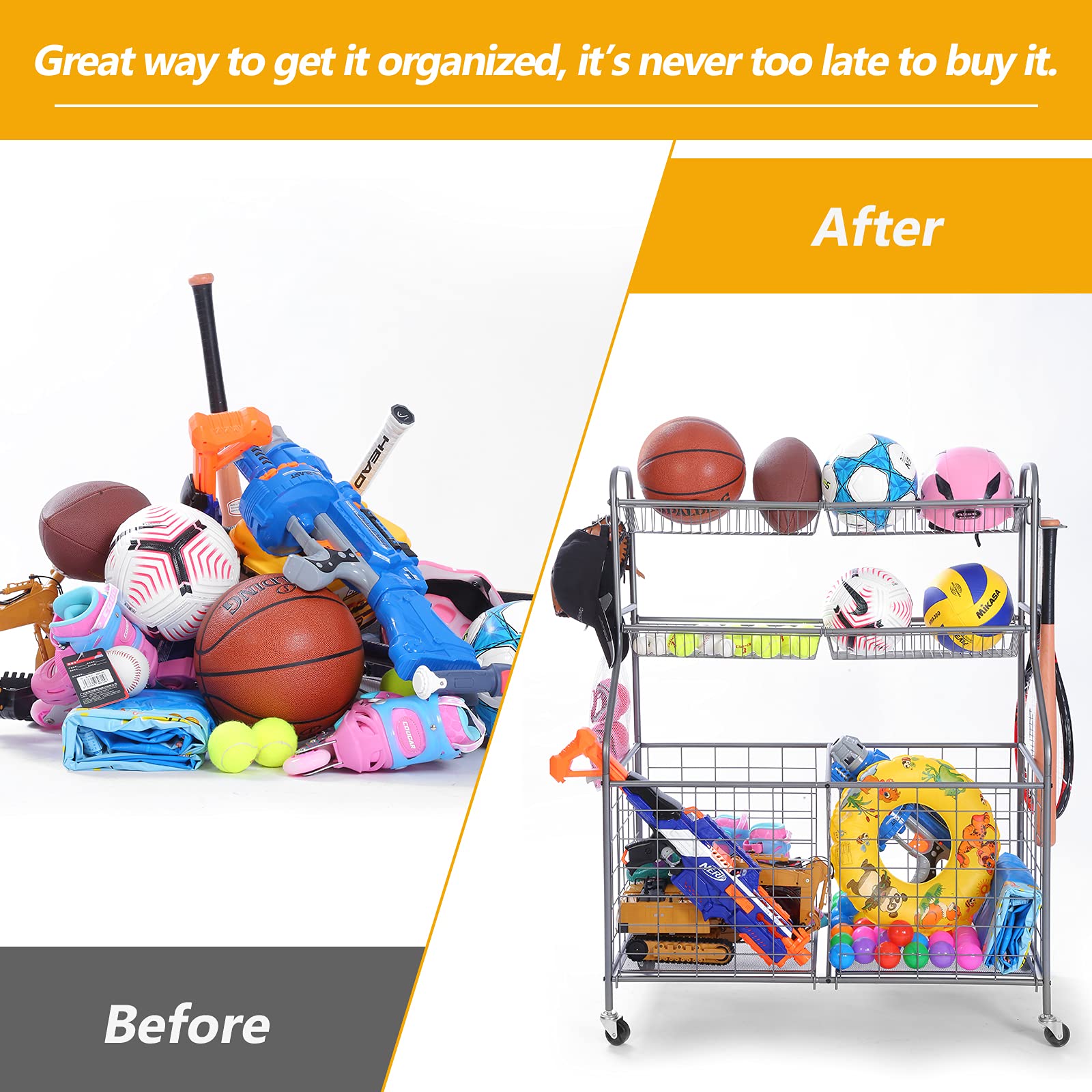 Kinghouse Garage Sports Equipment Organizer, Ball Storage Rack, Toy Storage, Nerf Gun Organization on Wheels for School, Garage, Black, Steel (Grey)