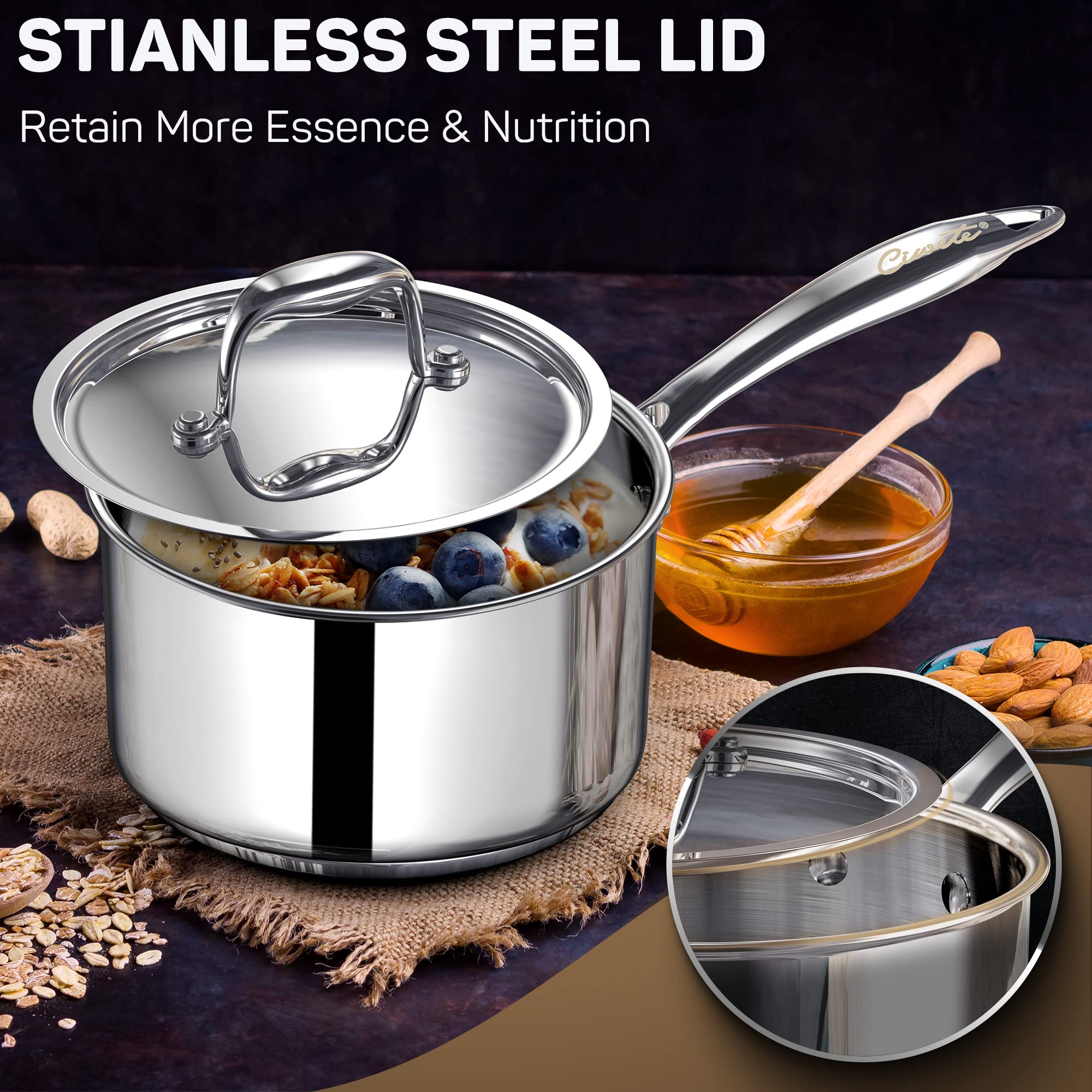 Ciwete 2 Quart Sauce Pan with Lid, Tri Ply Stainless Steel Saucepan 2 Qt with Stainless Steel Lid, 2 Measuring Lines, Upgraded Packaging, Cool Ergonomic Handle, Dishwasher & Oven Safe