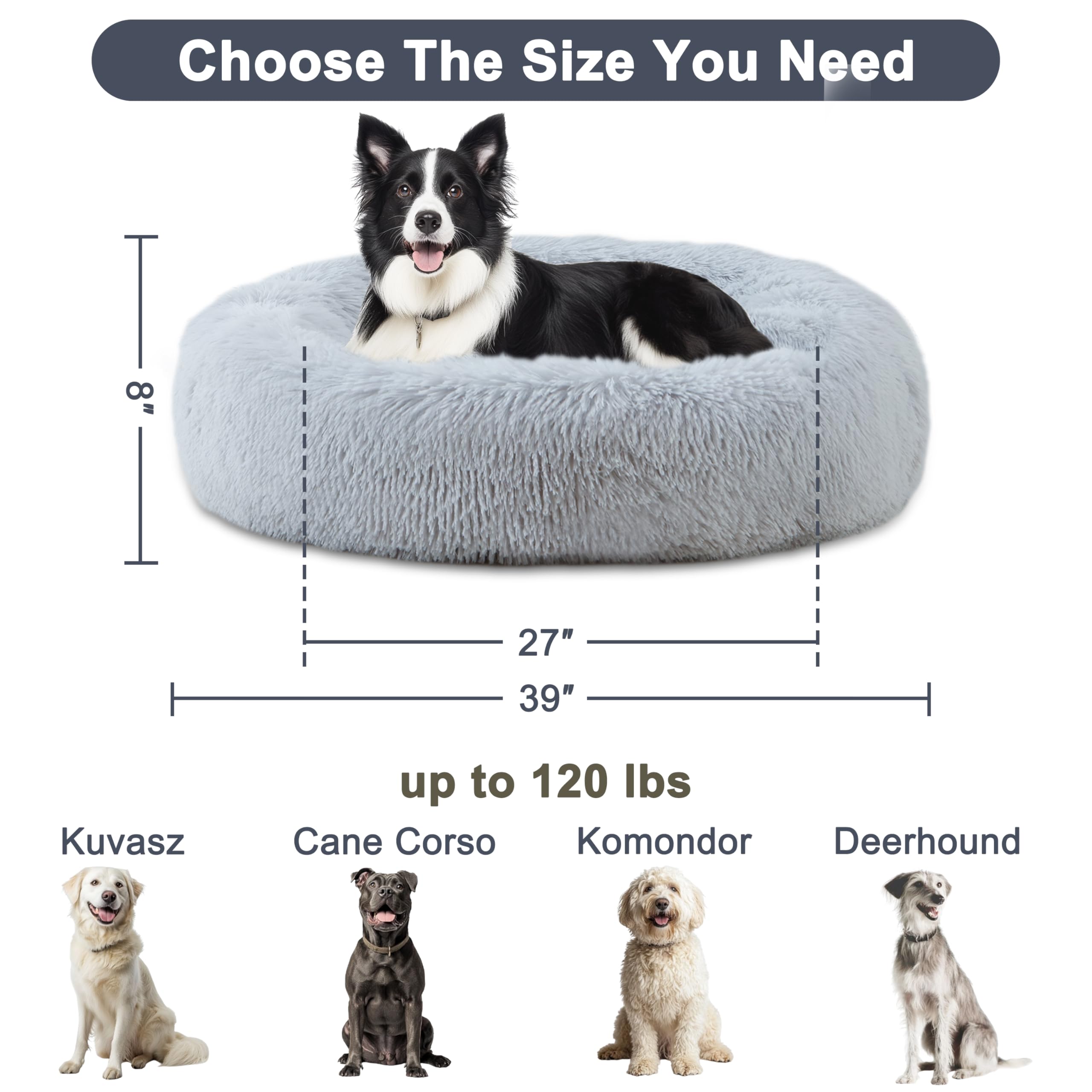 ELSKER&HOME Calming Dog Bed,Donut Washable Warming Soft Round 39 inches Dog Beds for Large Dogs,Anti-Anxiety Fluffy Plush Cushion Bed Fits up to 120 lbs Pets