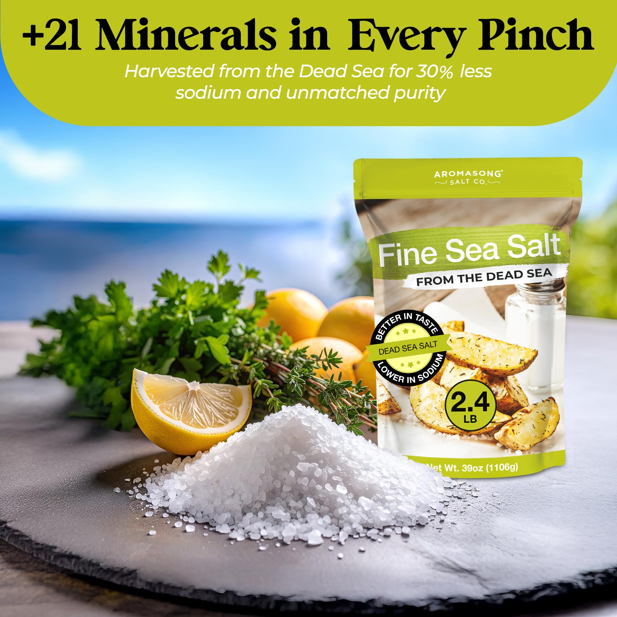 Aromasong 100% Natural Sea Salt From the Dead Sea, Fine Grain Table Salt, Large Bulk 2.43 Lb Resealable Bag, 100% Pure & Natural, Unrefined, Gluten Free, Sea Salt for Daily Cooking