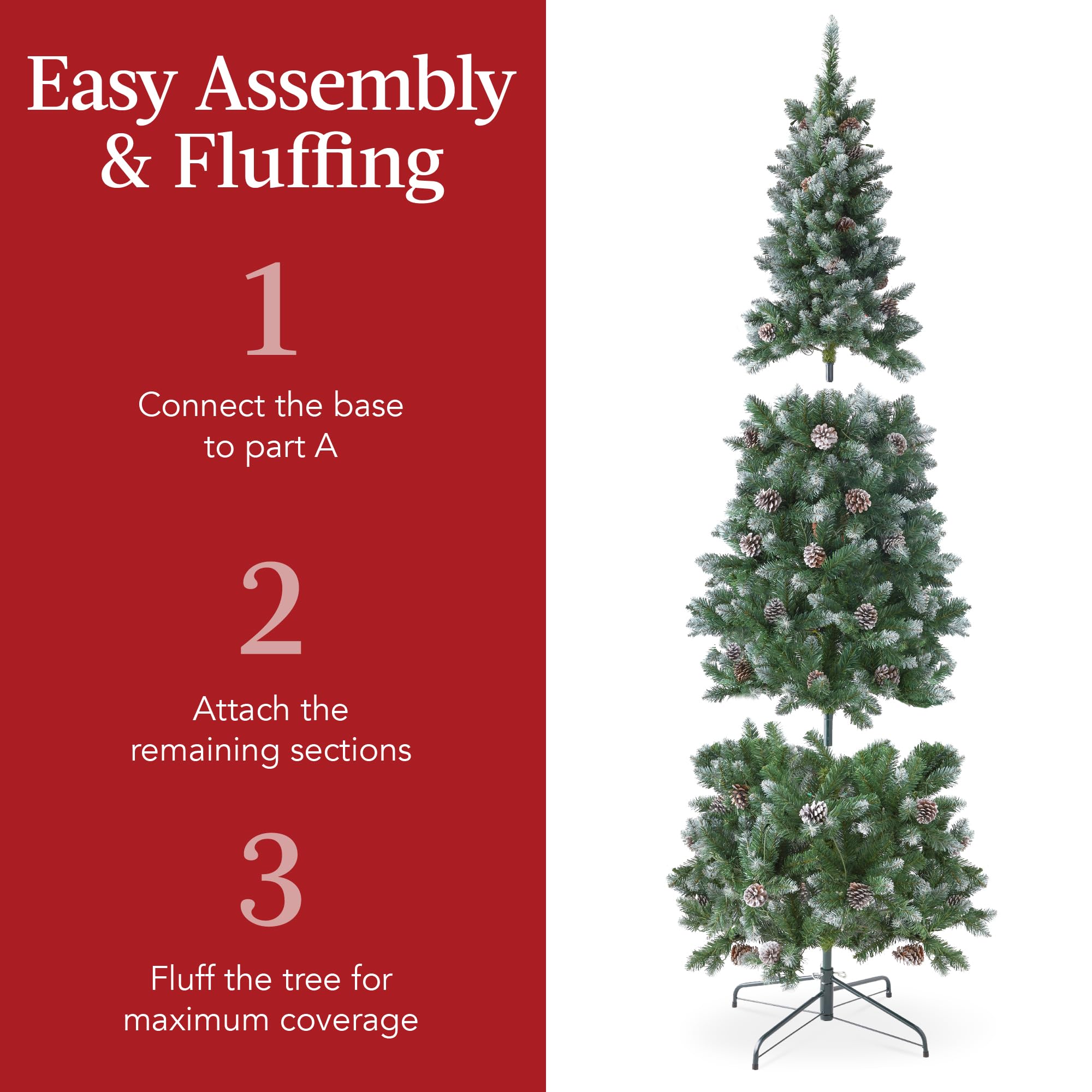 Best Choice Products 6ft Pre-lit Pencil Christmas Tree, Partially Flocked & Frosted Slim Holiday Tree Decoration, Skinny Xmas Tree, 250 Lights, 618 Frosted Tips, 50 Pine Cones, Foldable Stand