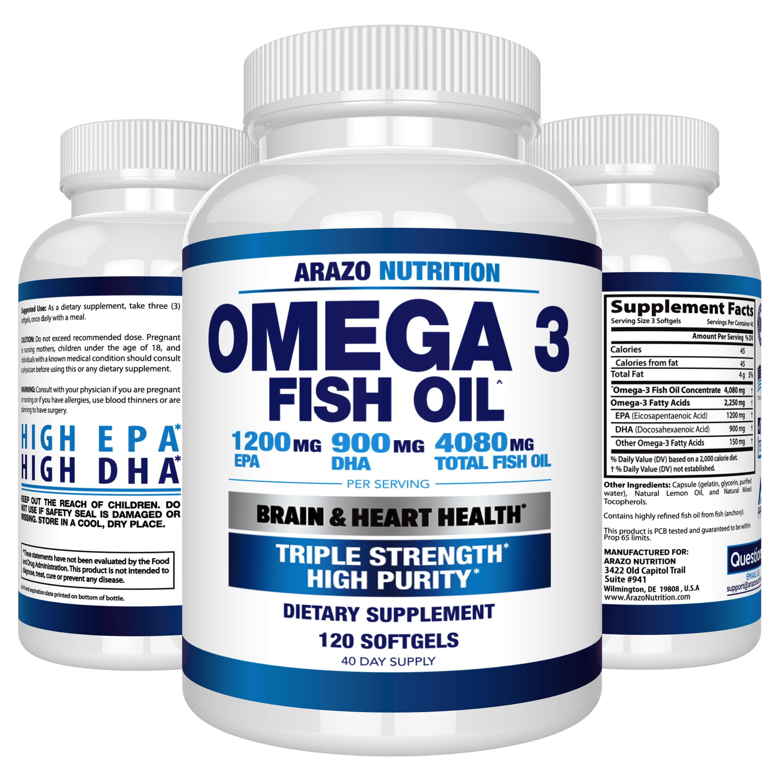 Arazo Nutrition Wild Caught Omega 3 Fish Oil – 120 Soft Gels – 4,080mg High EPA 1200mg DHA 900mg Lemon Flavor Burpless Softgels