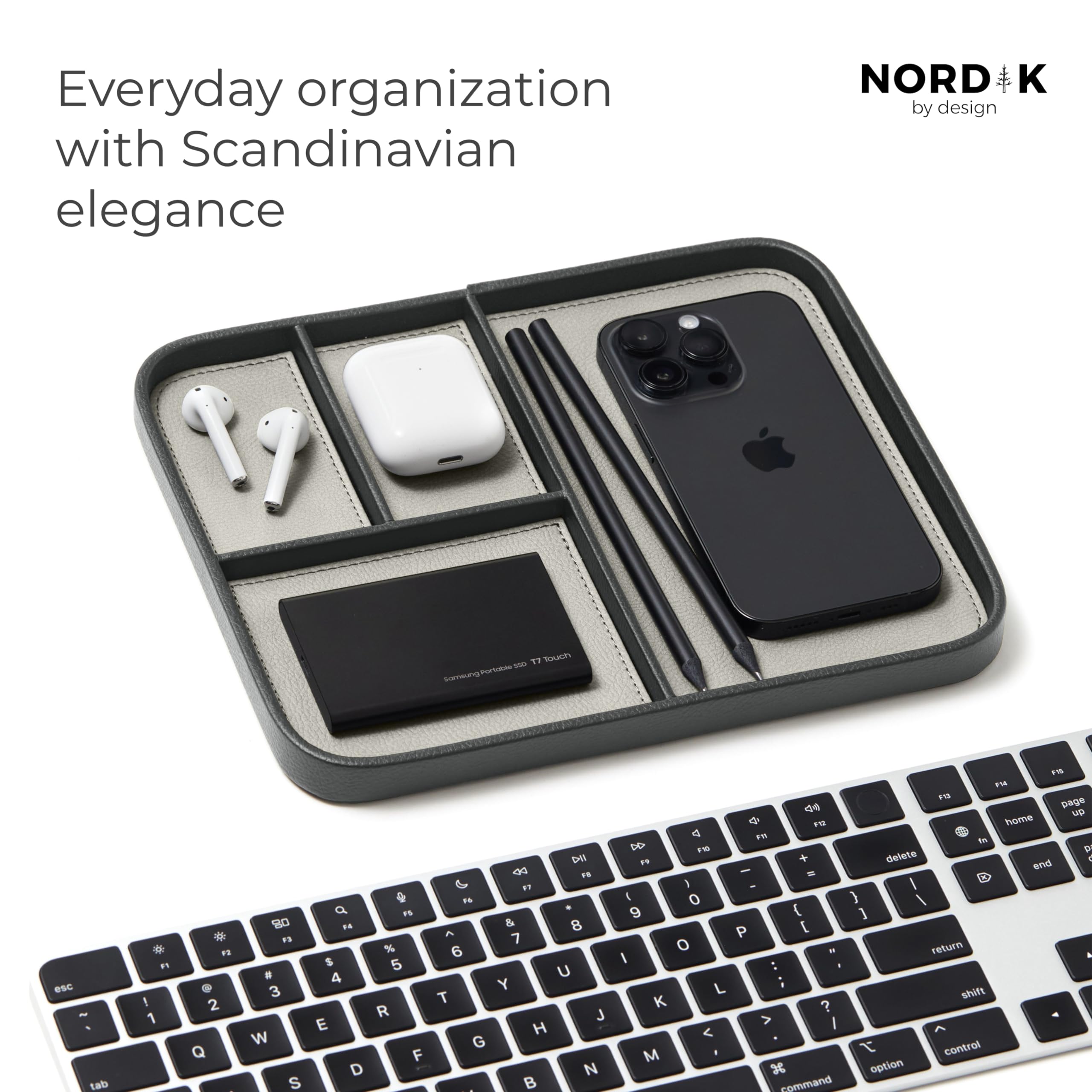 Nordik Leather Valet Tray - Sahara Gray - Premium Vegan Leather Stylish and Organised Nightstand Tray for Men - EDC Catchall Tray for Keys, Watch, Wallet, Jewellery - Modern Bedside Caddy