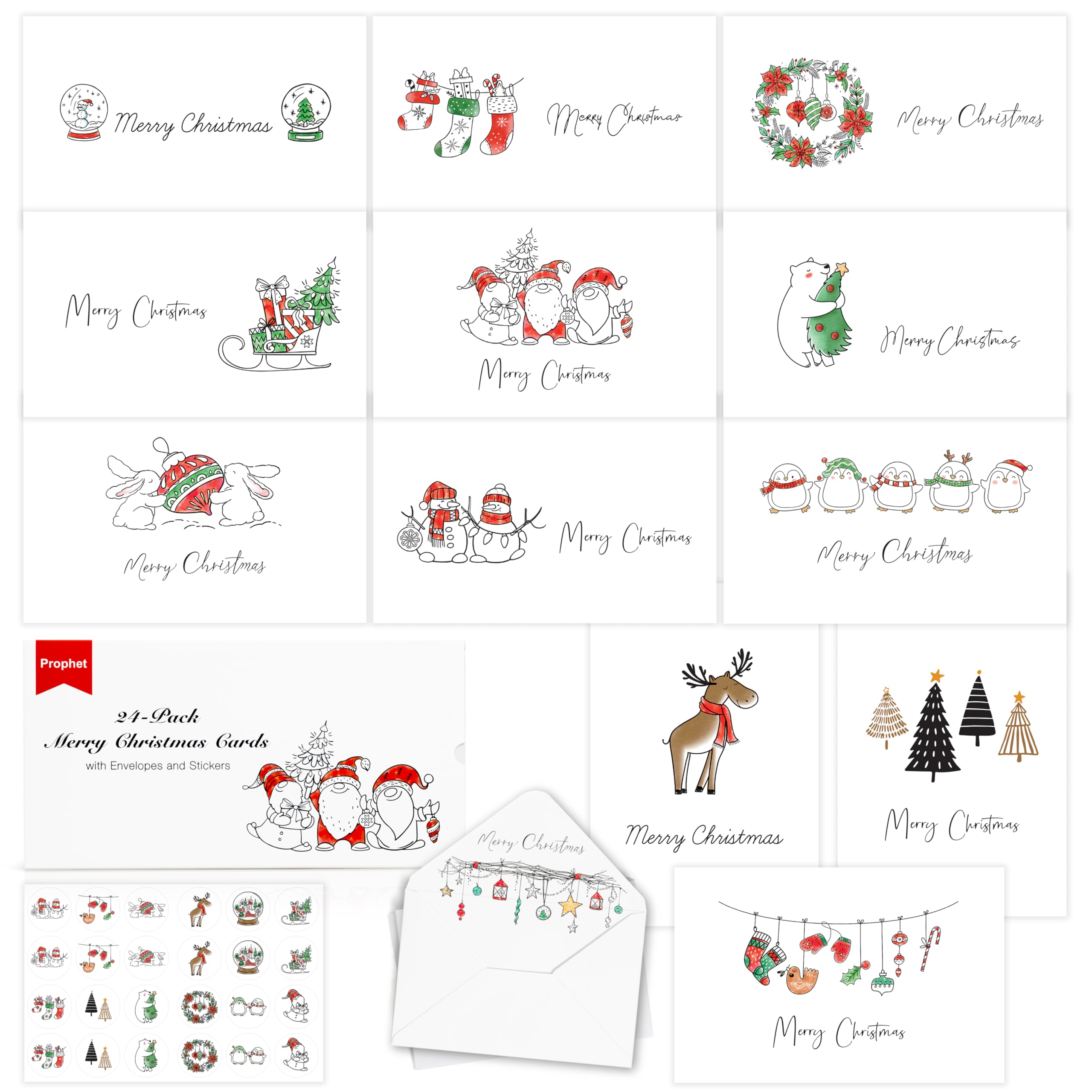 24 Pack Merry Christmas Cards 12 Festive Designs, with Printed White Envelopes, Stickers, and Inside Messages, Christmas Cards Bulk for Family, Friends, Business, Adults, Kids, Boys, and Girls, 4"x6"