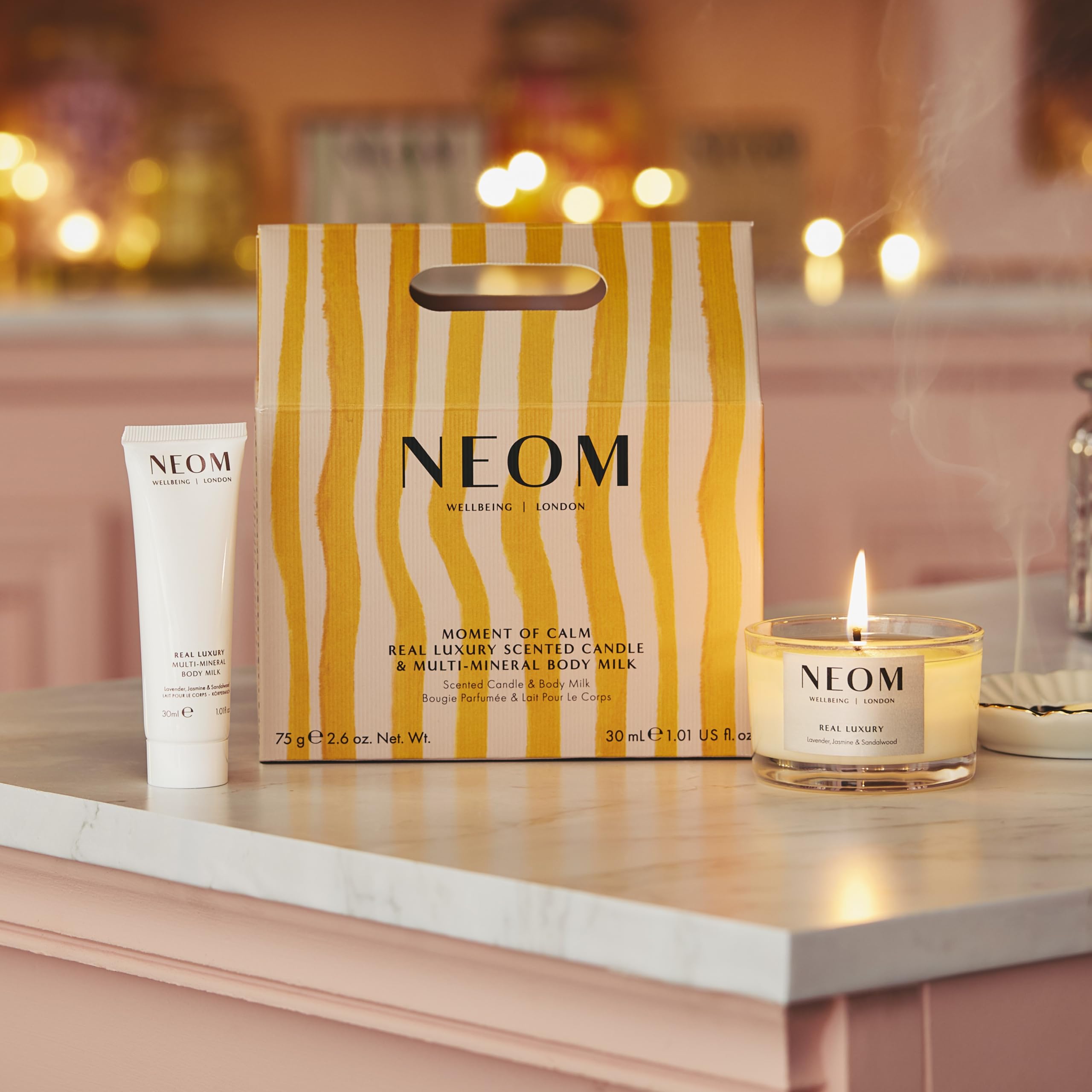 NEOM- Moment of Calm Gift Set | Real Luxury Travel Candle & Real Luxury Multi-Mineral Body Milk 30ml