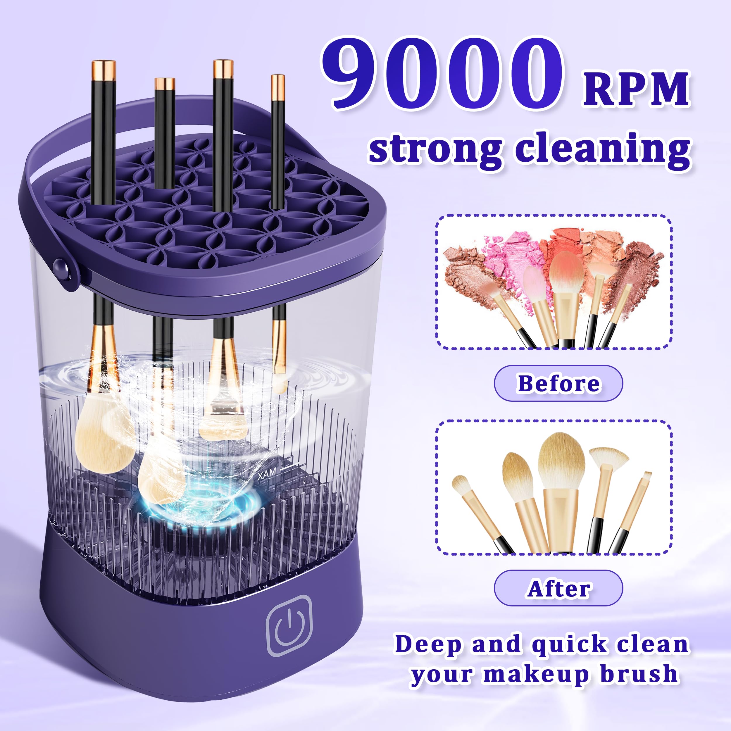 Makeup Brush Cleaner Machine - Electric Makeup Brush Cleaner Dryer Machine Automatic Cosmetic Brush Cleanser with 1200 mAh Battery, Quick Efficient Cleaning Make Up Cleanser for All Size (Purple)