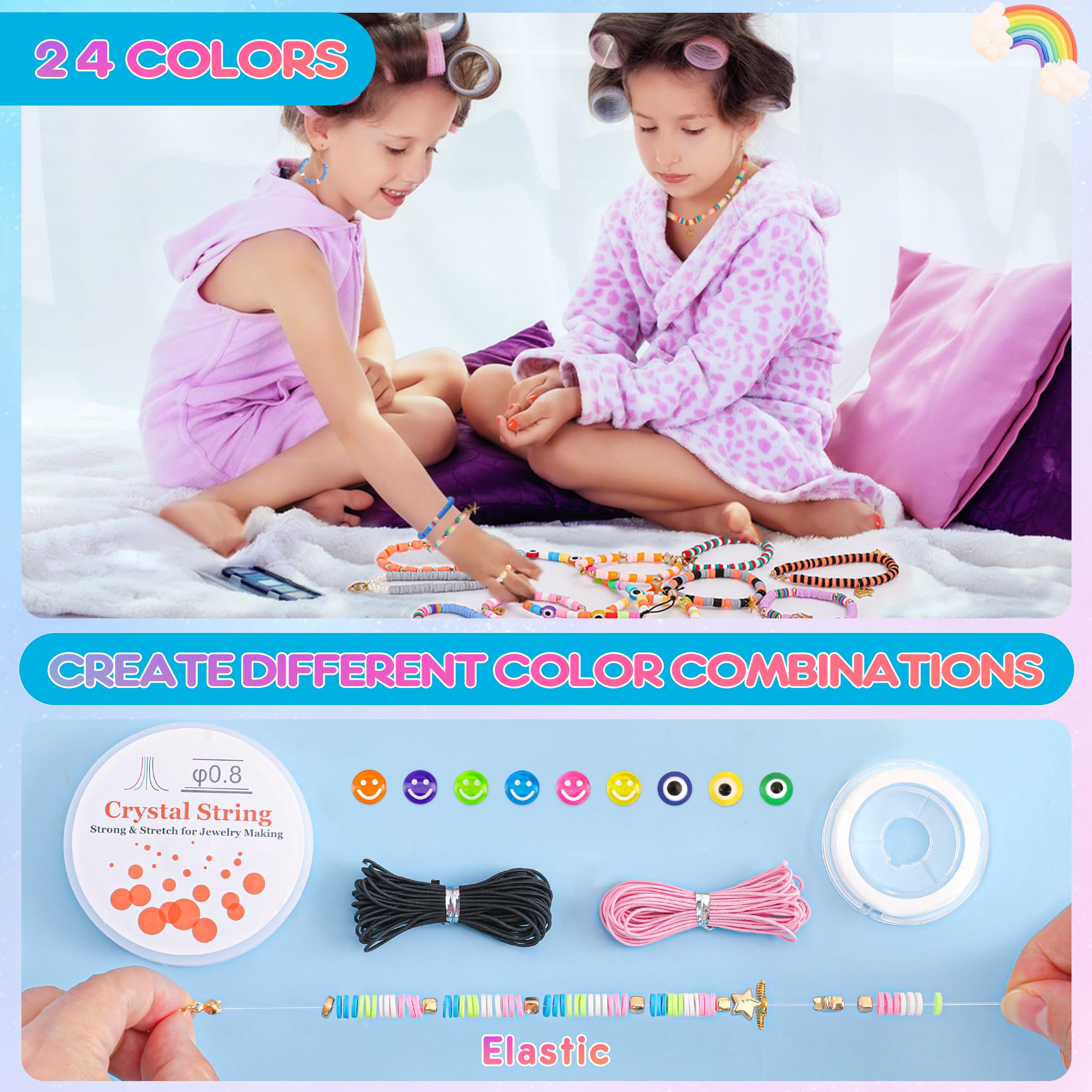 5800 PCS Clay Beads Bracelet Making Kit, 24 Colors Flat Preppy Beads for Friendship Jewelry Making, Polymer Heishi Beads with Charms DIY Arts and Crafts Birthday Gifts Toys for Teen Girls Age 6+