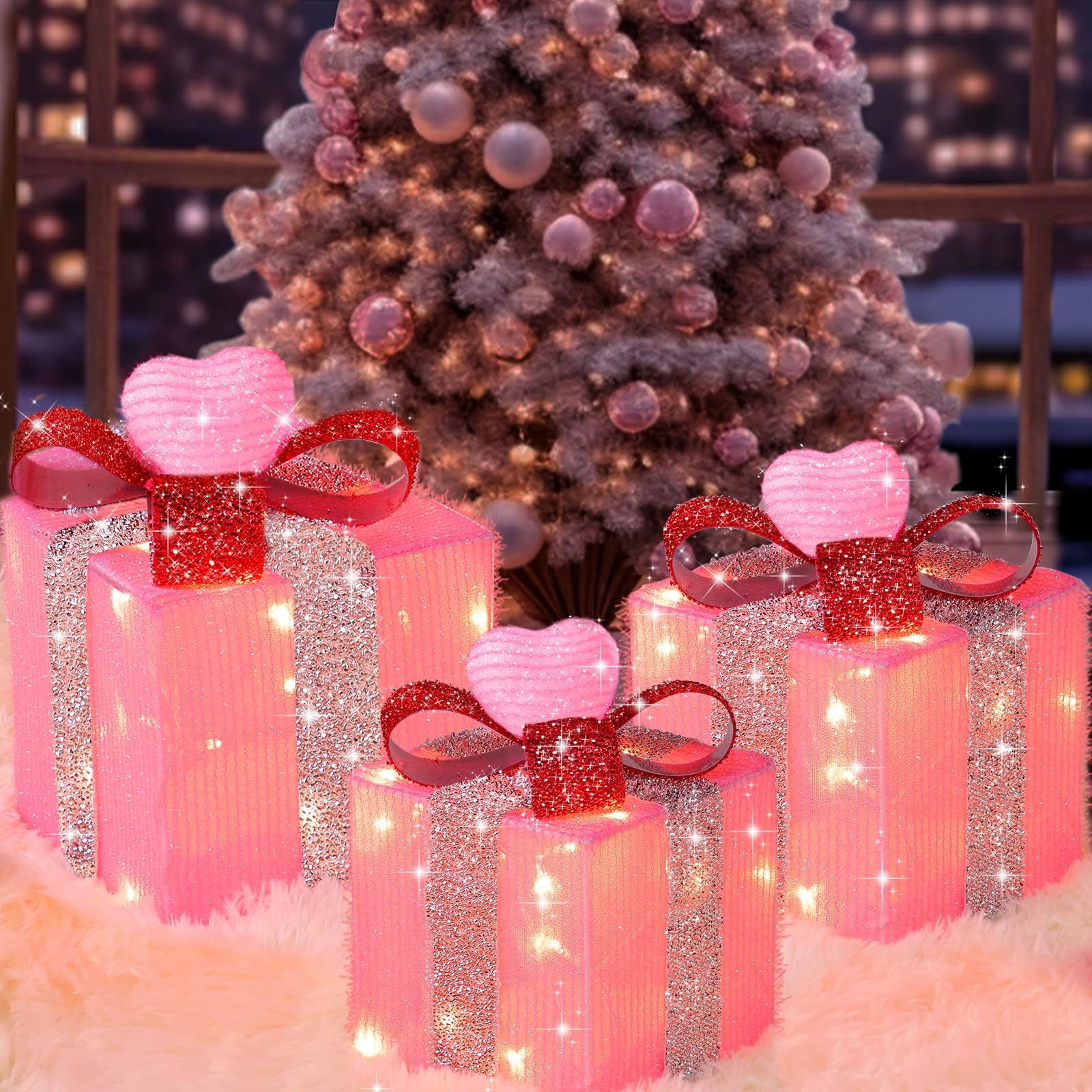 [Timer&8 Mode] 3 Pack Pink Valentines Decorations Christmas Lighted Gift Boxes with Pink Hearts Silver Glitter Fabric 60 LED Battery Operated Present Box Pink Decor for Room, Wedding, Valentines Gifts