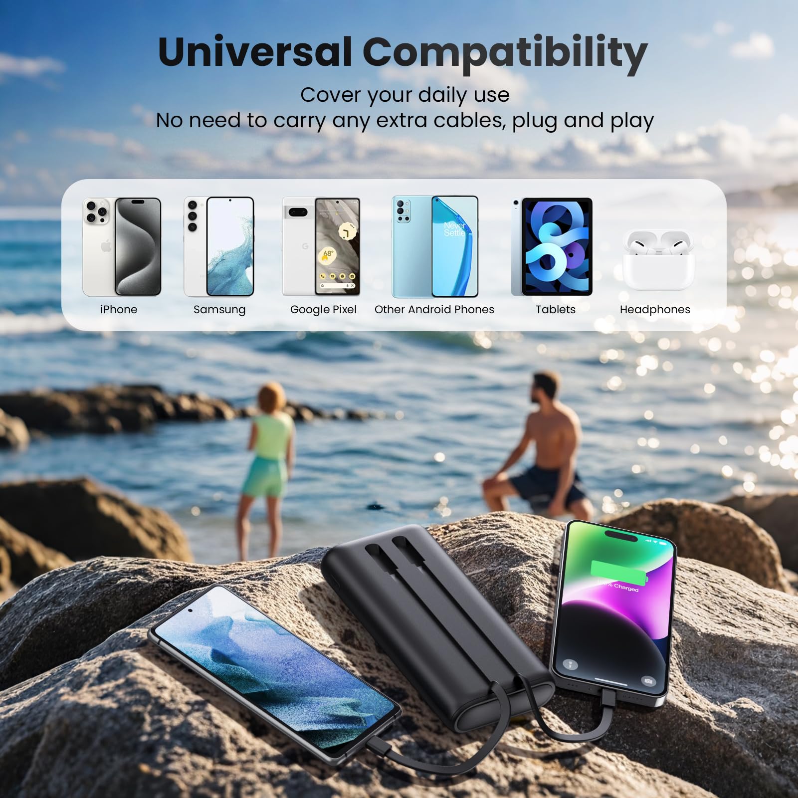 Portable Charger 40,800mAh Power Bank 25W Portable Battery Pack with 2 Built in Cables [2024 Upgraded], PD QC4.0 Fast Charging Portable Phone Charger Compatible with iPhone 16/15,Android Samsung-Black