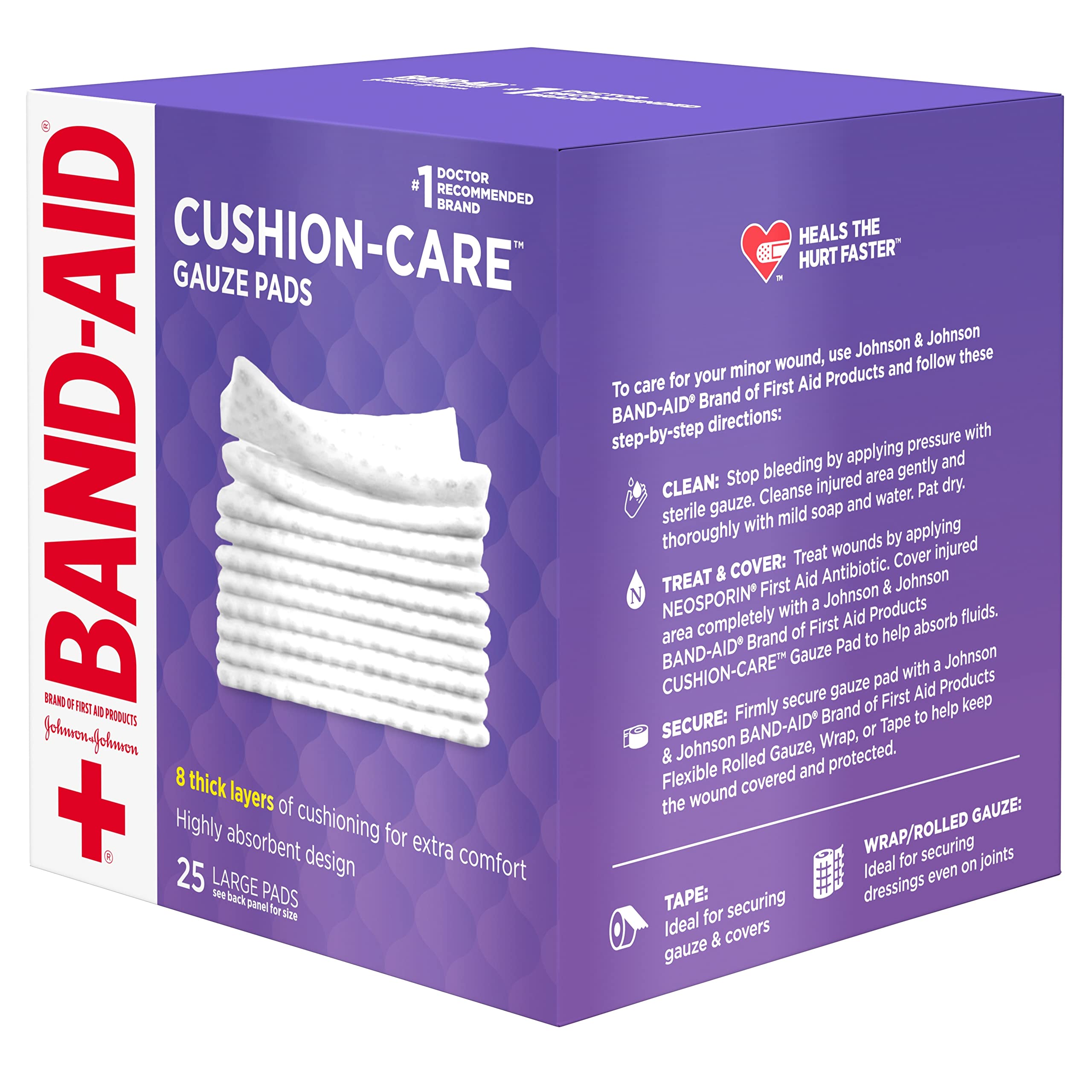 Band-Aid Brand Absorbent Cushion Care Sterile Square Gauze Pads for First Aid Protection of Minor Cuts, Scrapes & Burns, Non-Adhesive, Wound Care Dressing Pads, Large, 4 in x 4 in, 25 ct