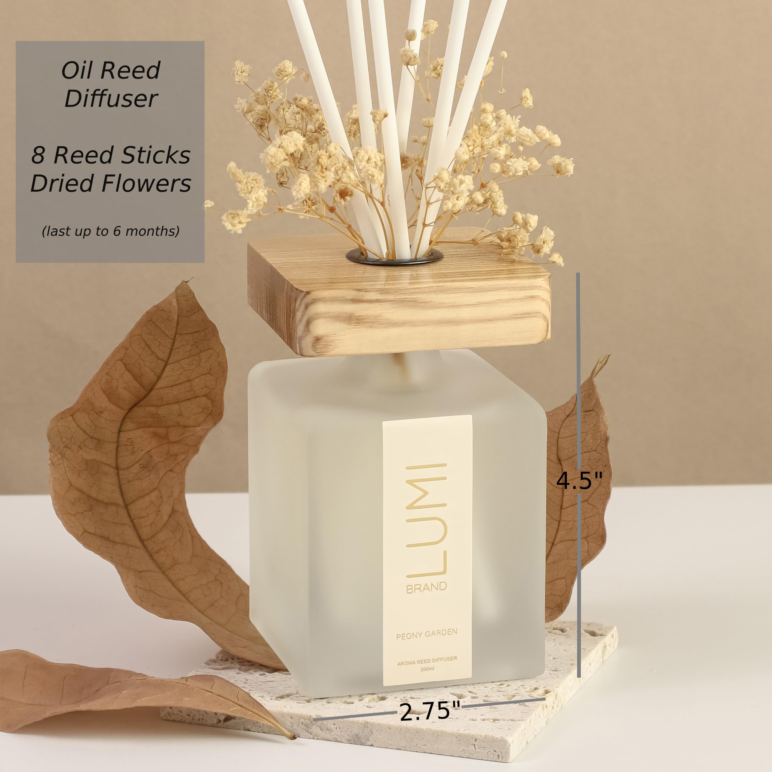 Luxury Aroma Gift Set - Scented Oil Reed Diffuser (200ml), Scented Wood Wick Soy Candle (200g), Aroma Room Spray (50ml) - Includes Dried Flowers, 8 Reed Sticks - Home Fragrance (Peony Garden)