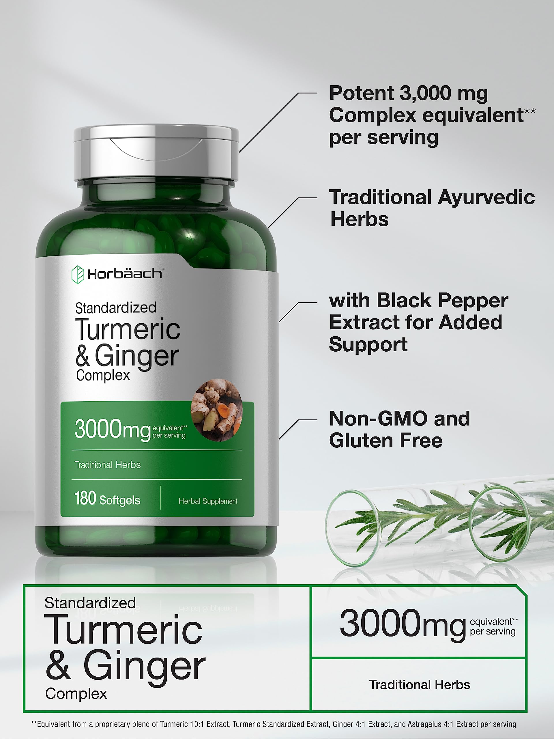 Horbäach Turmeric and Ginger Supplement | 3000 mg 180 Softgel Pills | with Black Pepper Extract | Non-GMO, Gluten Free Supplement