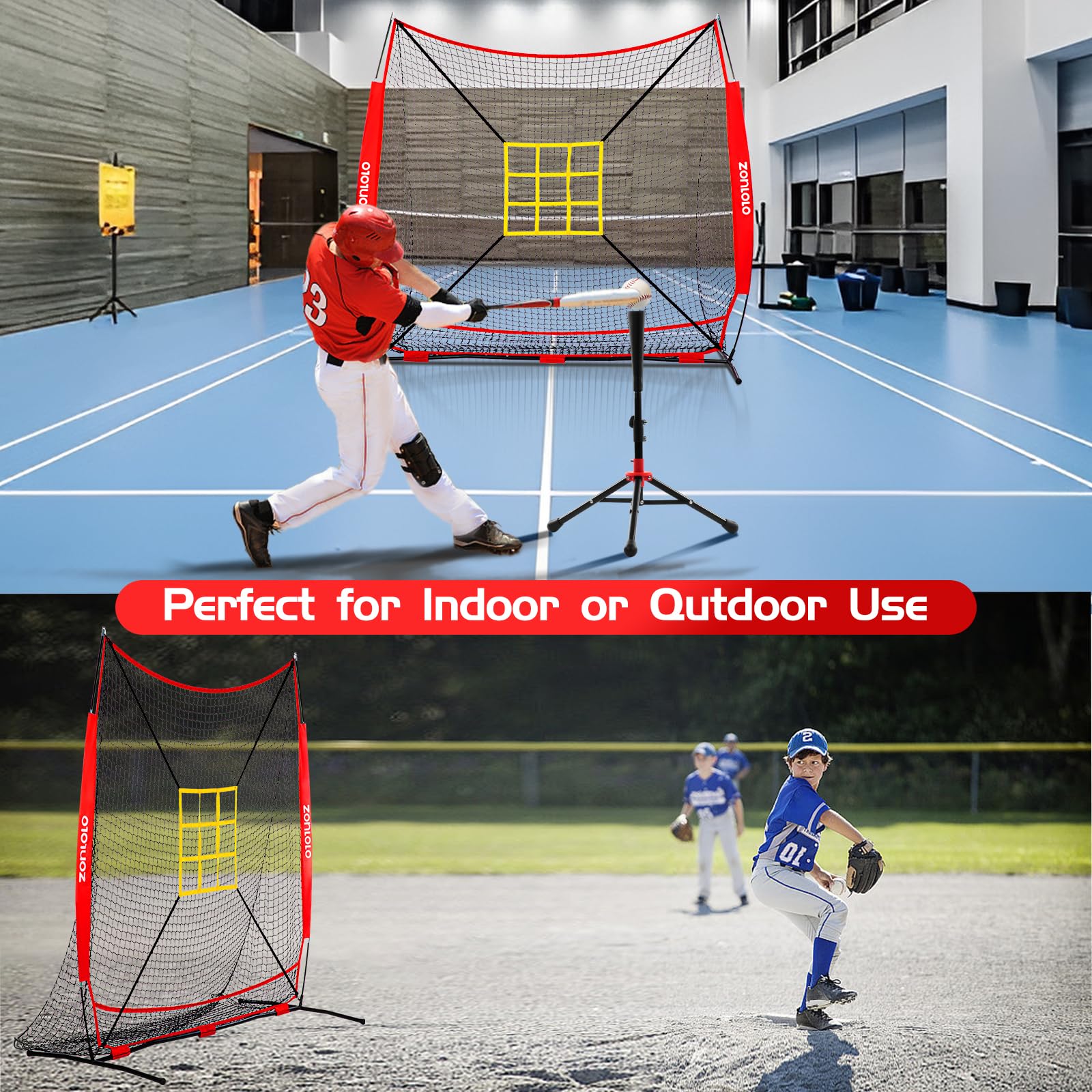 ZONLOLO 7×7FT Baseball Net with Tee,2 Strike Zones, Simple but Sturdy Construction with Non-Slip Rubber Bow Legs, Easy Set Up and Take Down, Great for All Levels' Pitching,Hitting,Fielding Practice.