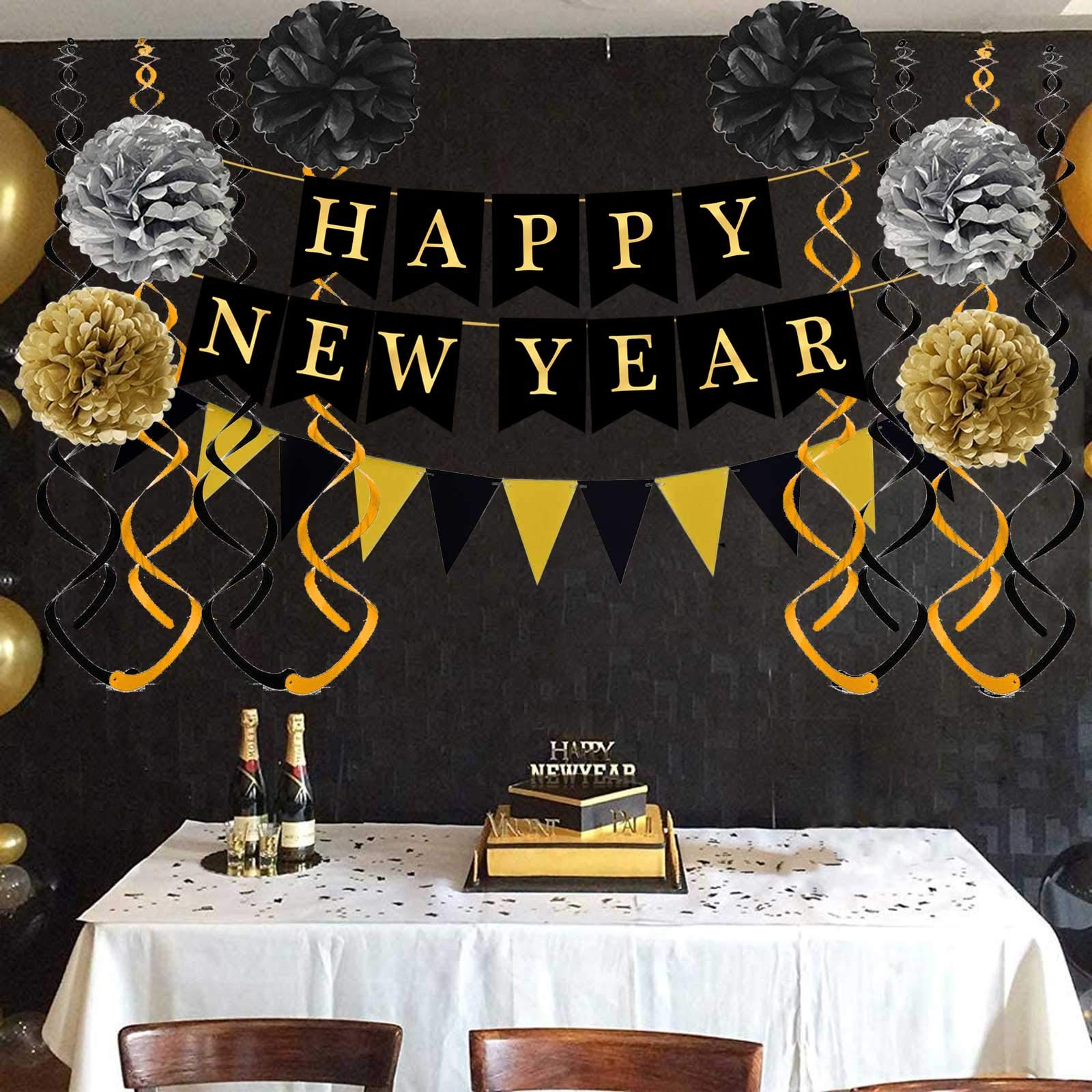 Black Happy New Year with Gold Black Paper Flag Bunting Swirl Streamers & Pom Poms for New year Party Decorations