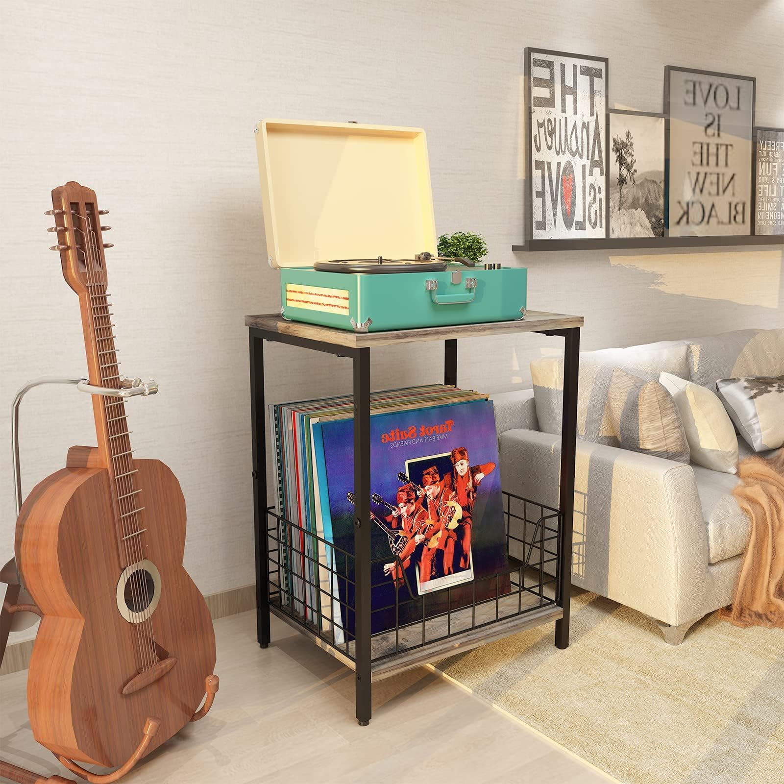 X-cosrack 2-Tier Record Player Table, Industrial Retro Side Table Nightstand Small for Living Room Bedroom Kitchen Office Small Spaces, Record Player Stand with Record Album Storage-Rustic Brown