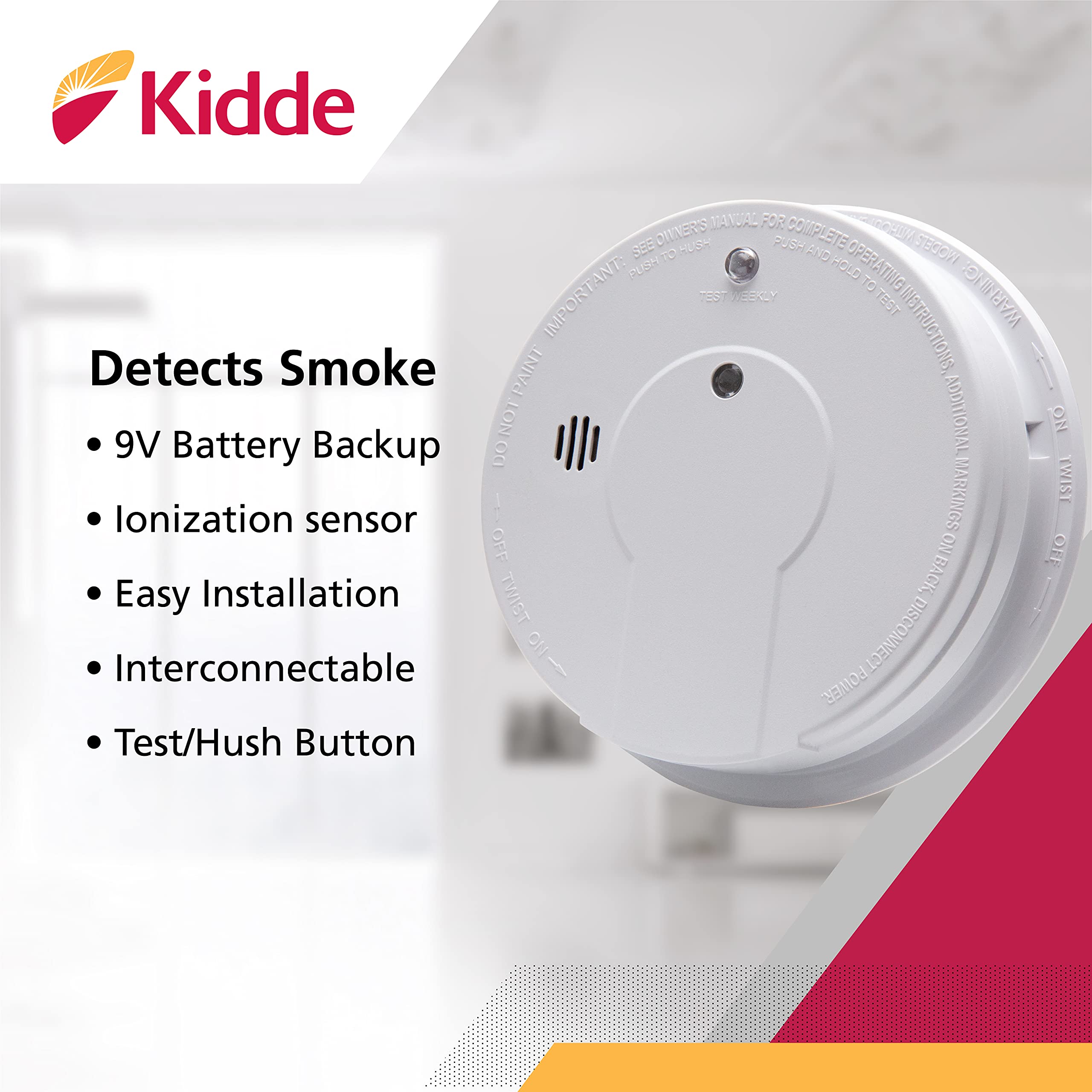 Kidde Smoke Detector, Hardwired Smoke Alarm with 9-Volt Battery Backup, Test-Reset Button, Interconnect Capability, White, 6 Pack