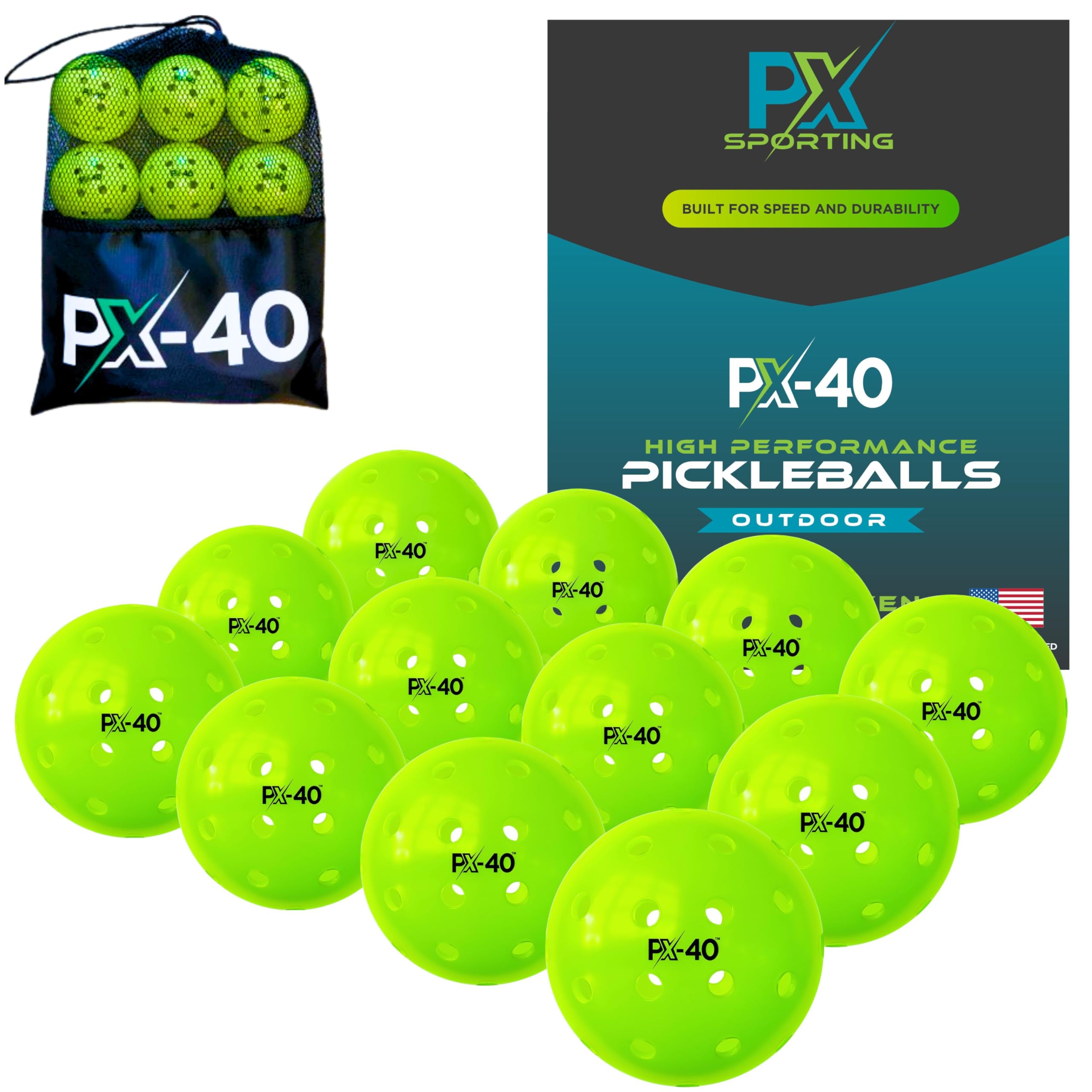 PX-40 Premium Outdoor Pickleball Balls - Crack Resistant One Piece Design - High Visibility Neon Green - Tournament-Approved Professional Pickleballs - 12 Pack