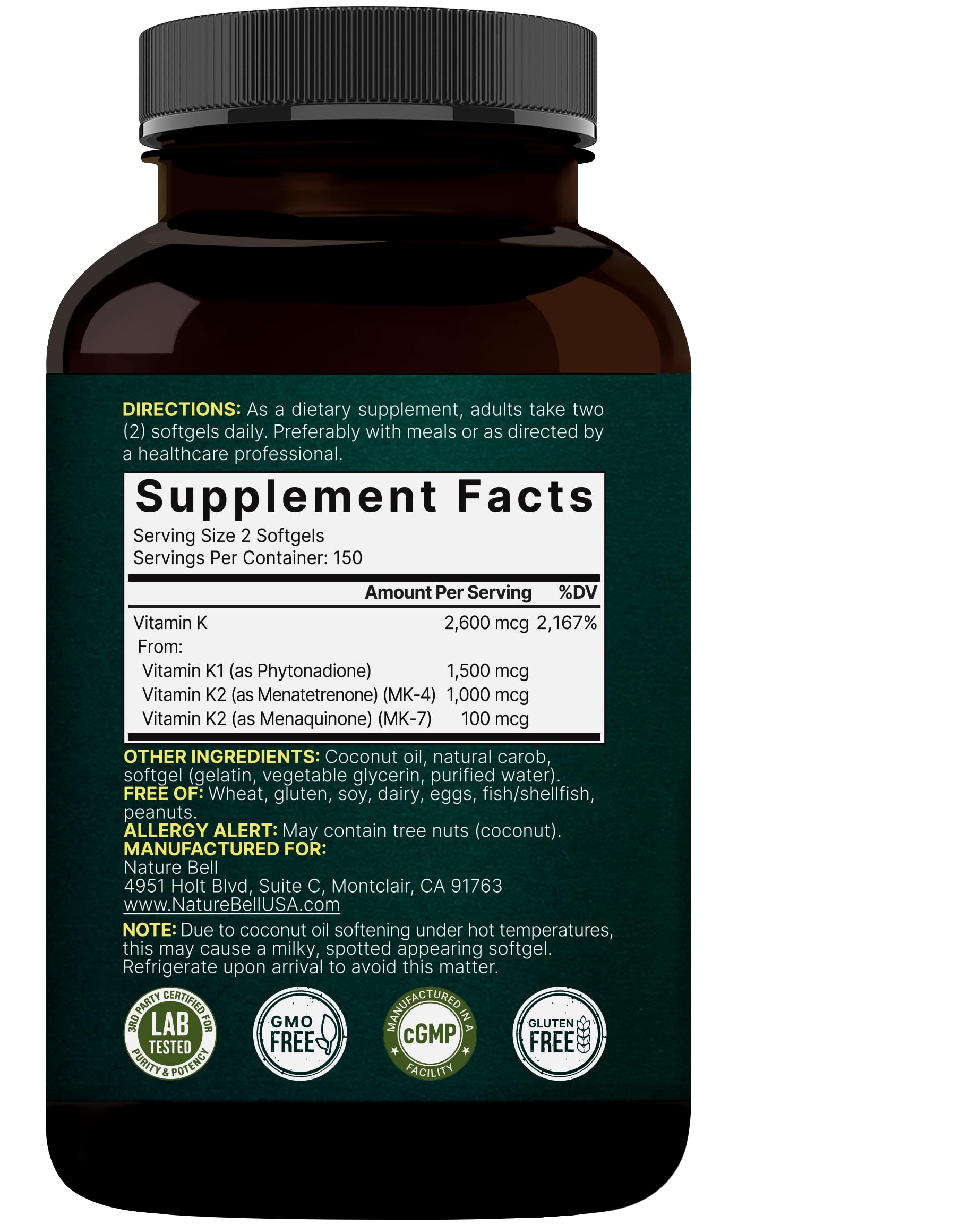 NatureBell Vitamin K Complex, K1 + K2 (MK-7 & MK-4) 2,600mcg Per Serving, 300 Coconut Oil Softgels | Max Absorption – Full Spectrum K Vitamins Supplement | Heart & Bone Support | Non-GMO