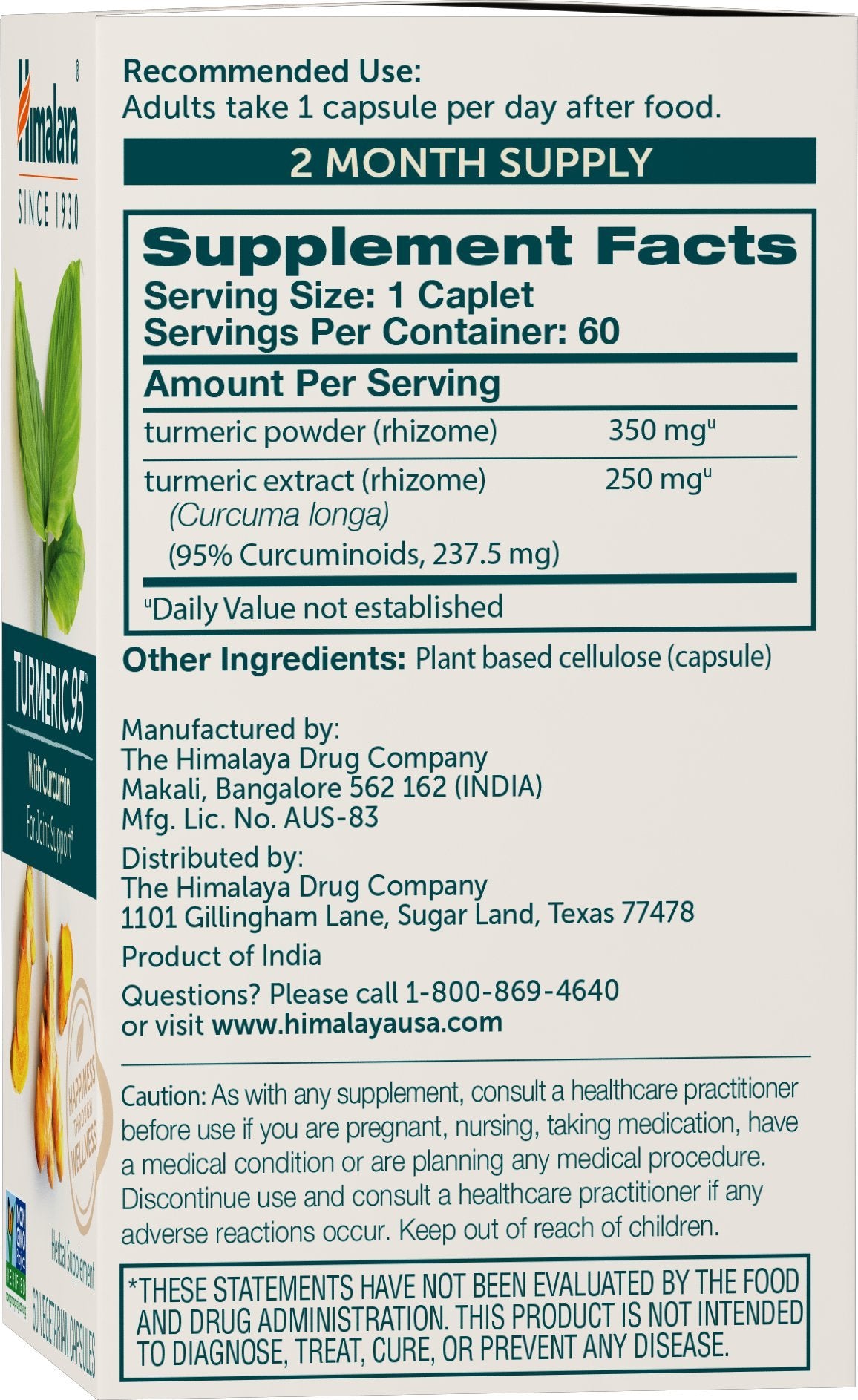 Himalaya Turmeric 95 Supplement with Curcumin/Curcuminoids, Joint and Muscle Support, Optimum Flexibility and Mobility, 600 mg, Non-GMO, Vegan, Gluten Free, 60 Capsules, 60 Day Supply