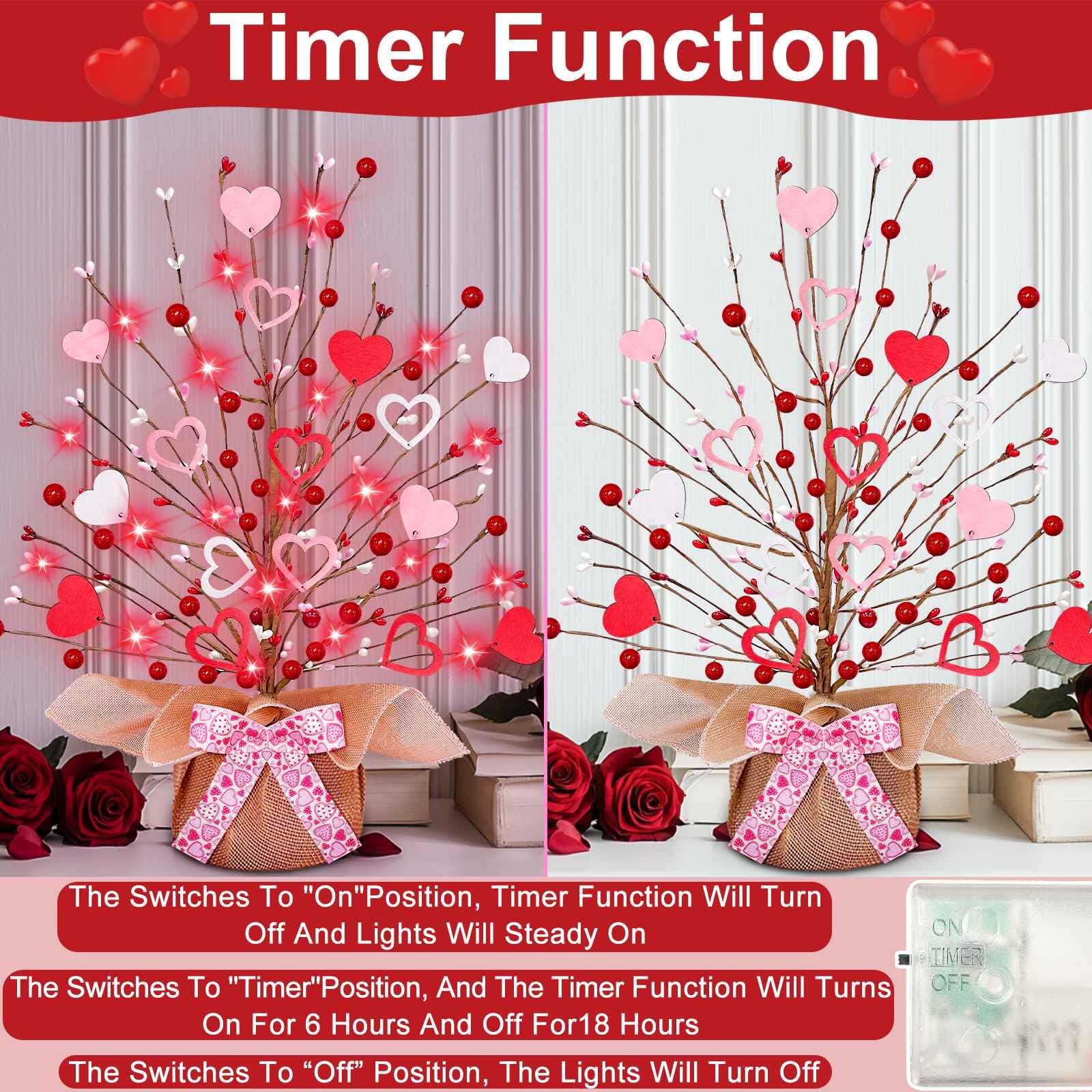 TURNMEON 2 Pack Valentine's Day Tree Tabletop Decorations 20 Red Lights Battery Operated 16 Inch 14 Red Pink Heart 32 Red Berries Valentines Decorations Home Table Bedroom Indoor Party Wedding Decor