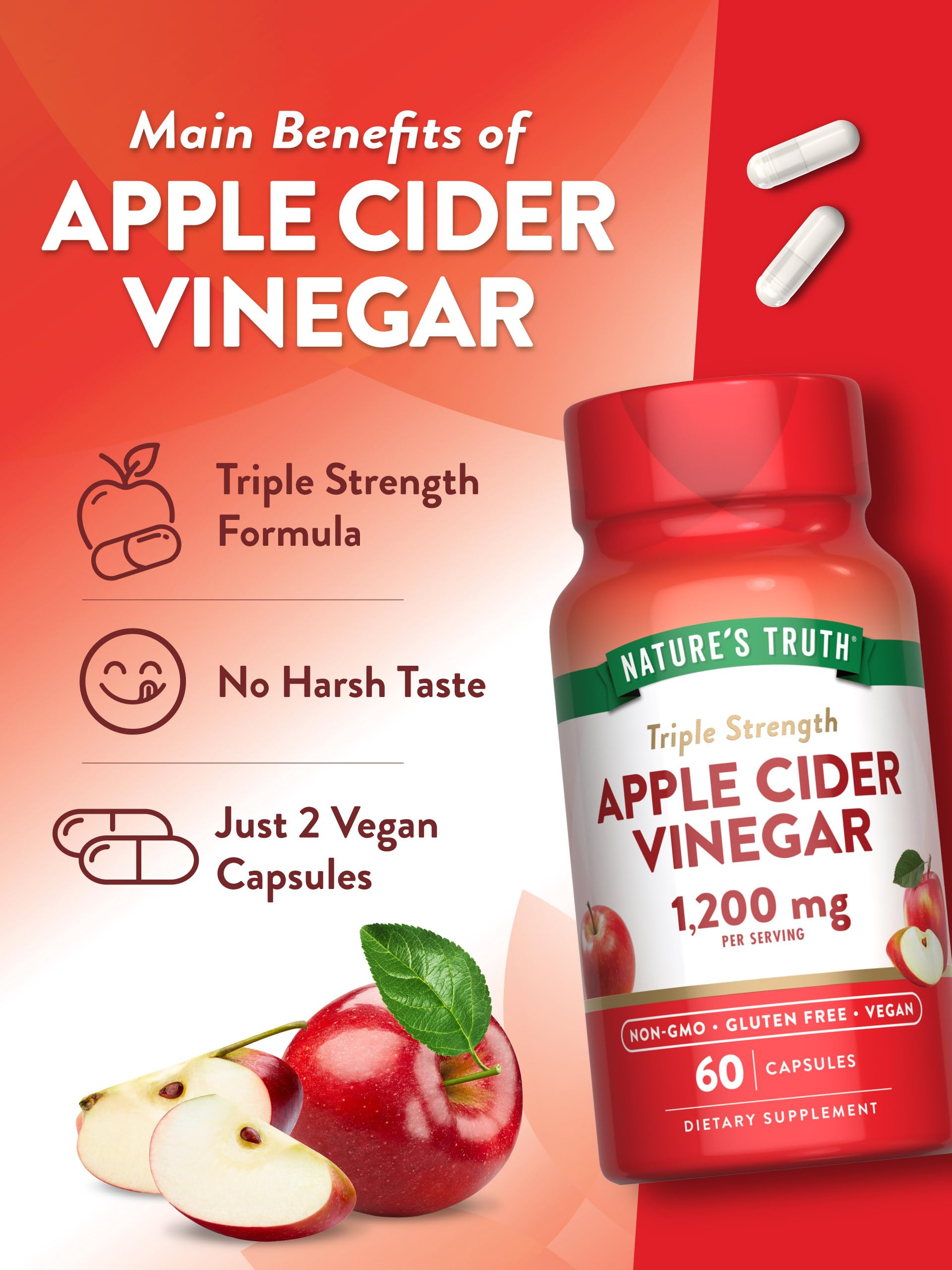 Nature's Truth Apple Cider Vinegar Vegan Capsules | 1200mg | 60 Veggie Pills | Extra Strength | Vegan, Non-GMO and Gluten Free Supplement