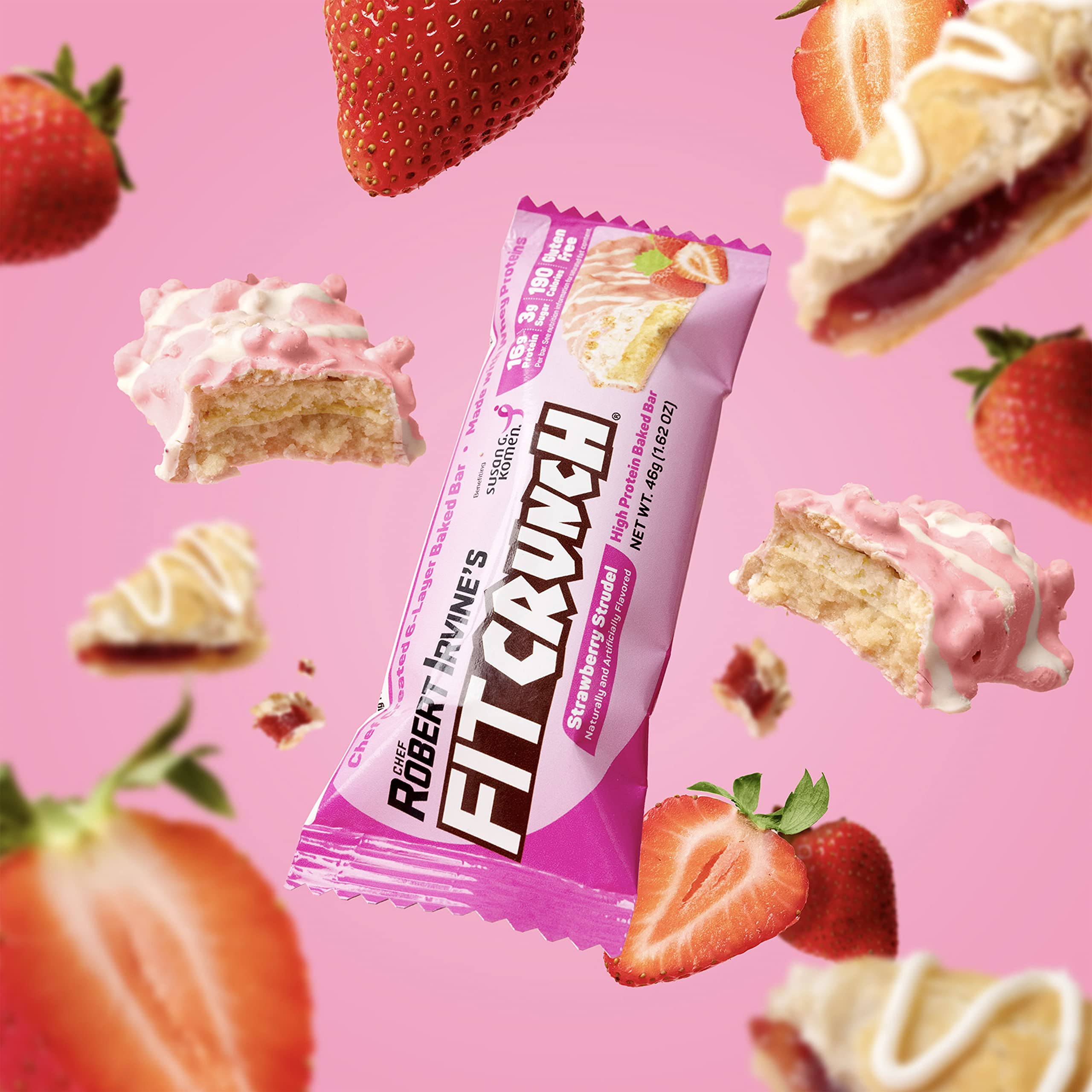 FITCRUNCH Snack Size Protein Bars, 6-Layer Baked Bar, 3g of Sugar, Gluten Free & Soft Cake Core (9 Bars, Strawberry Strudel)