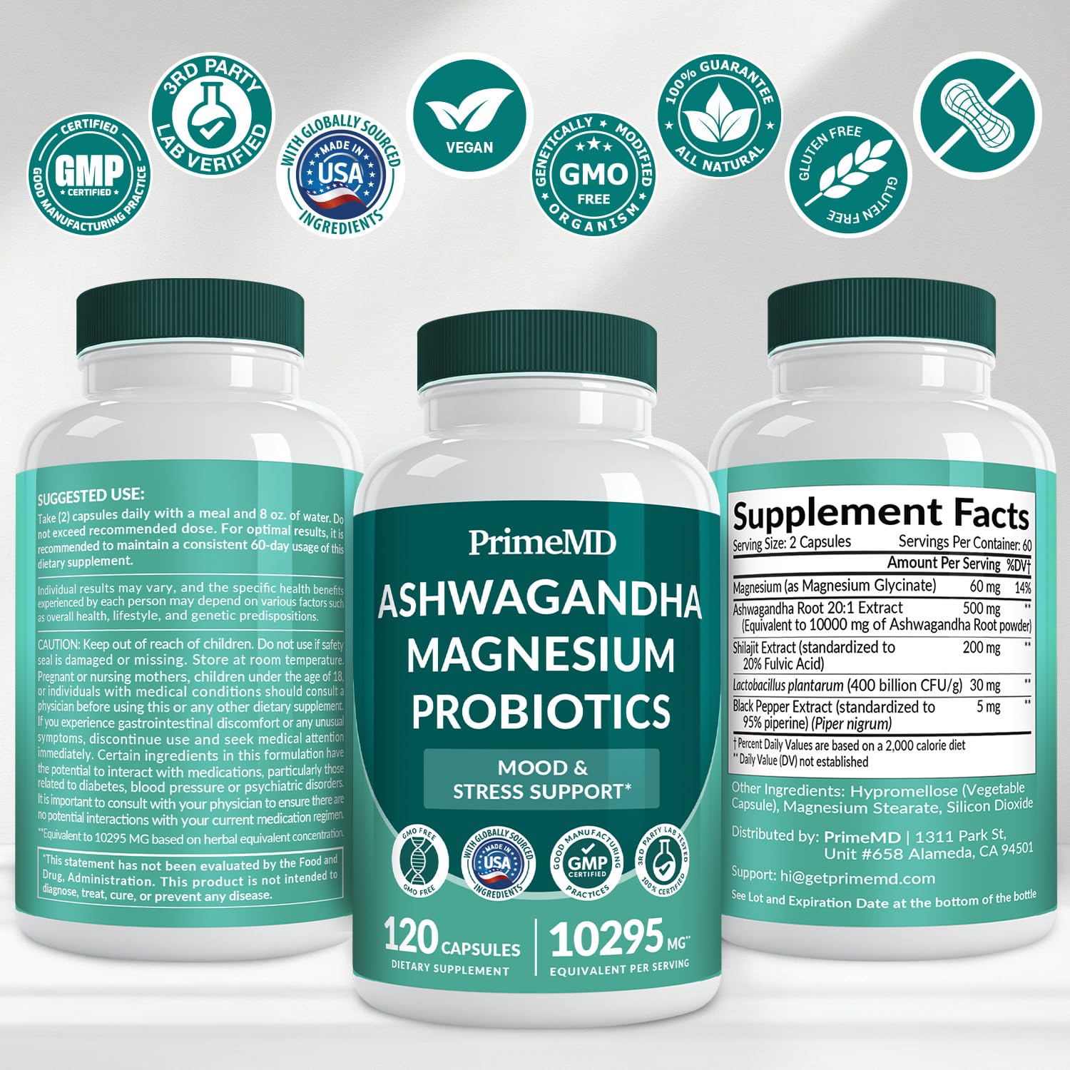 5-in-1 Cortisol Supplement for Women and Men with Ashwagandha for Calmness, Focus, and Adrenal Support Supplements with Shilajit Extract, Magnesium Glycinate, Probiotics (120 ct) (Pack of 1)