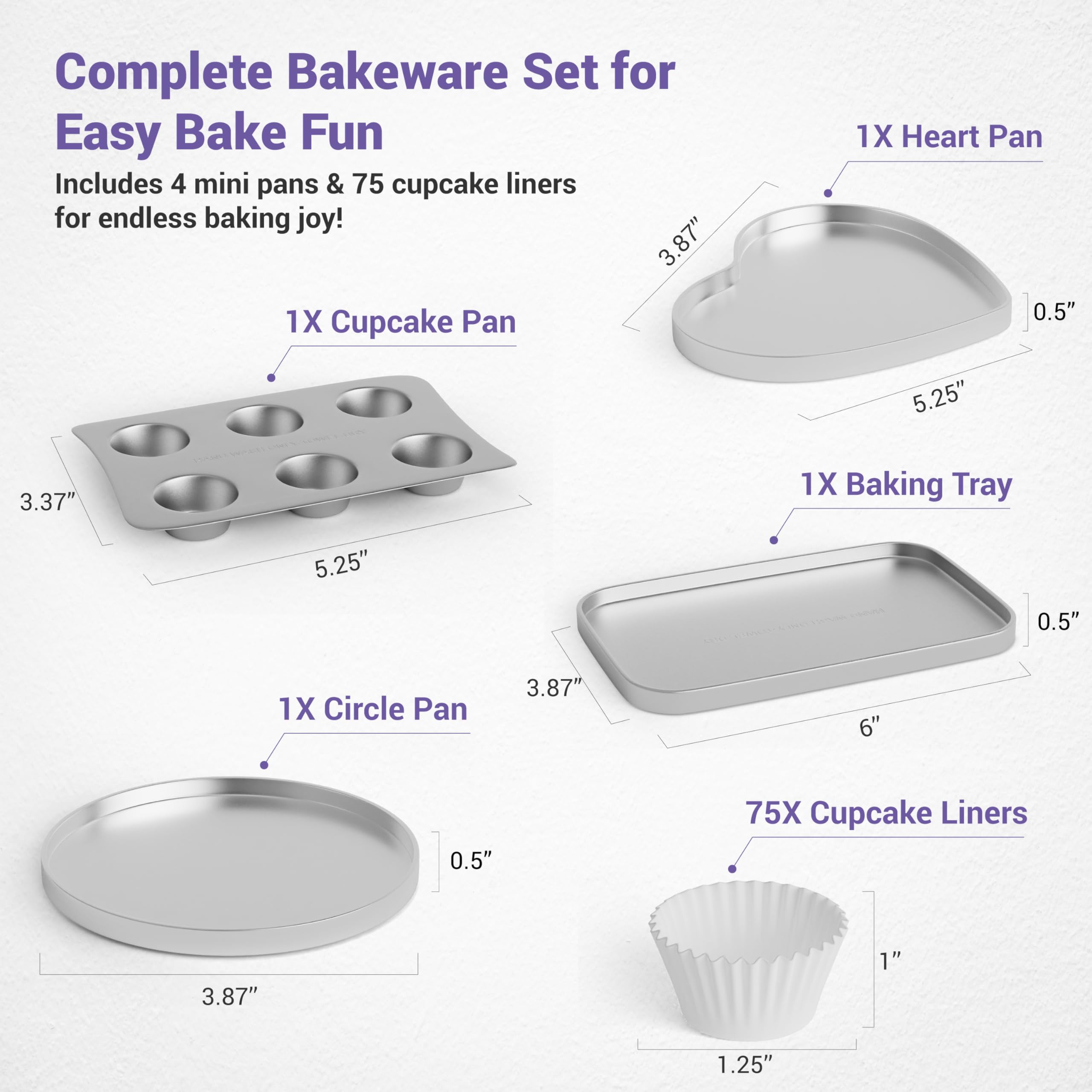 Kids' Complete Oven Pan Set Compatible with Easy Bake Ultimate Oven | Accessories for Cooking Easy Bake Oven Mixes | Includes Cupcake Pan, Circle, Heart & Rectangular Bake Pan & (75) Cupcake Liners