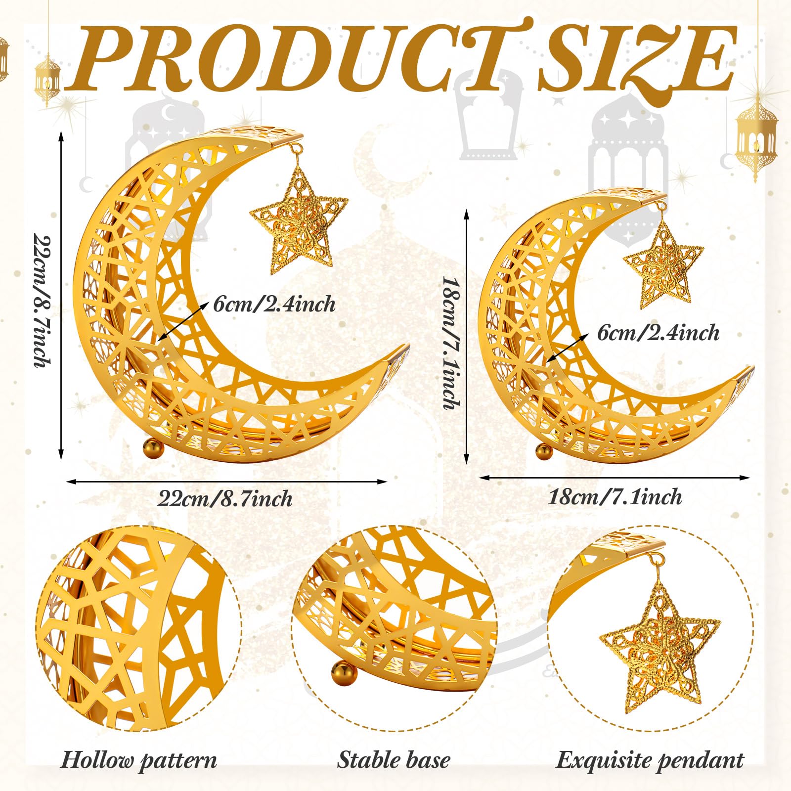 Qinyoung Ramadan Moon Star Tray, 2 Pcs Gold Metal Serving Tray, Eid Mubarak Dessert Trays, Islamic Themed Home Decoration, 2 Sizes, Sturdy, Suitable for Special Occasions