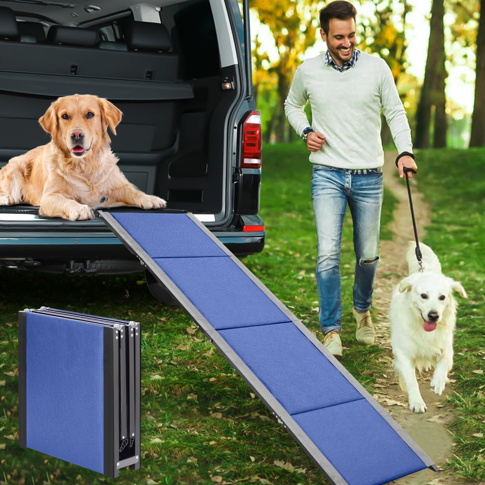 Dog Ramp for Car.71''Lx17.7''W Dog ramp for Bed,Sofa.Waterproof Non-Slip Dog ramps for Large Dogs,Old Dog,Medium Pets.Portable,Easy-Fold,Extra Long Aluminum Dog car ramp for Cars SUV,Truck(Blue)